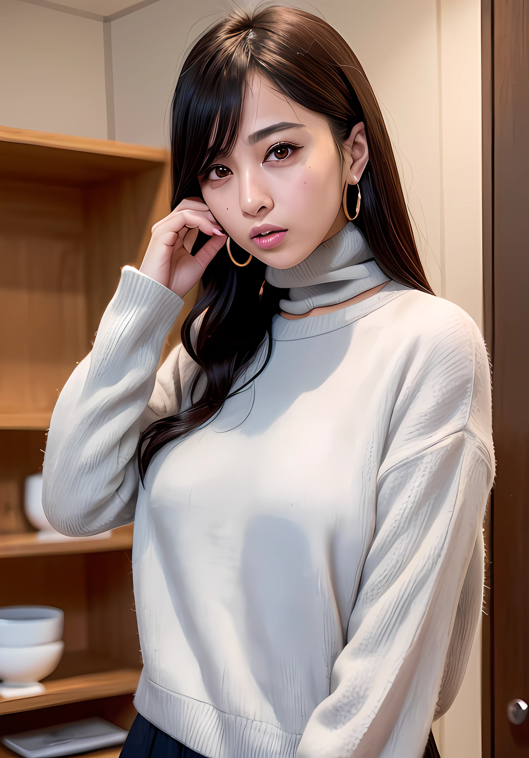 Arab asian woman in grey sweater and grey sweater, 奈良美智, sophisticated gravure idol, Young Pretty Gravure Idol, chiho, mayuri shiina, Ayami Kojima Amano, Realistic Young Gravure Idol, deayami kojima, Shiori Teshirogi, Young Sensual Gravure Idol