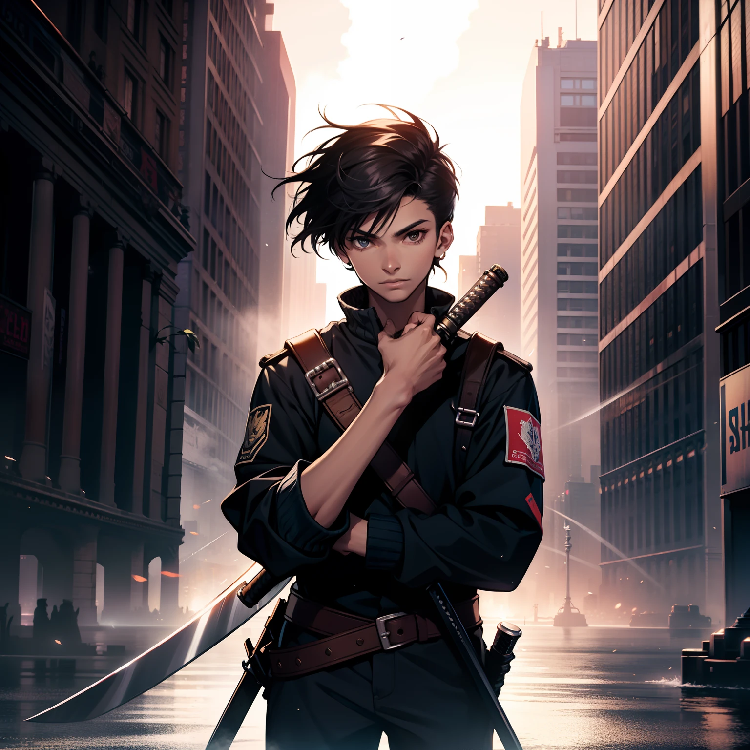 with a sword in each hand and the background is New York City