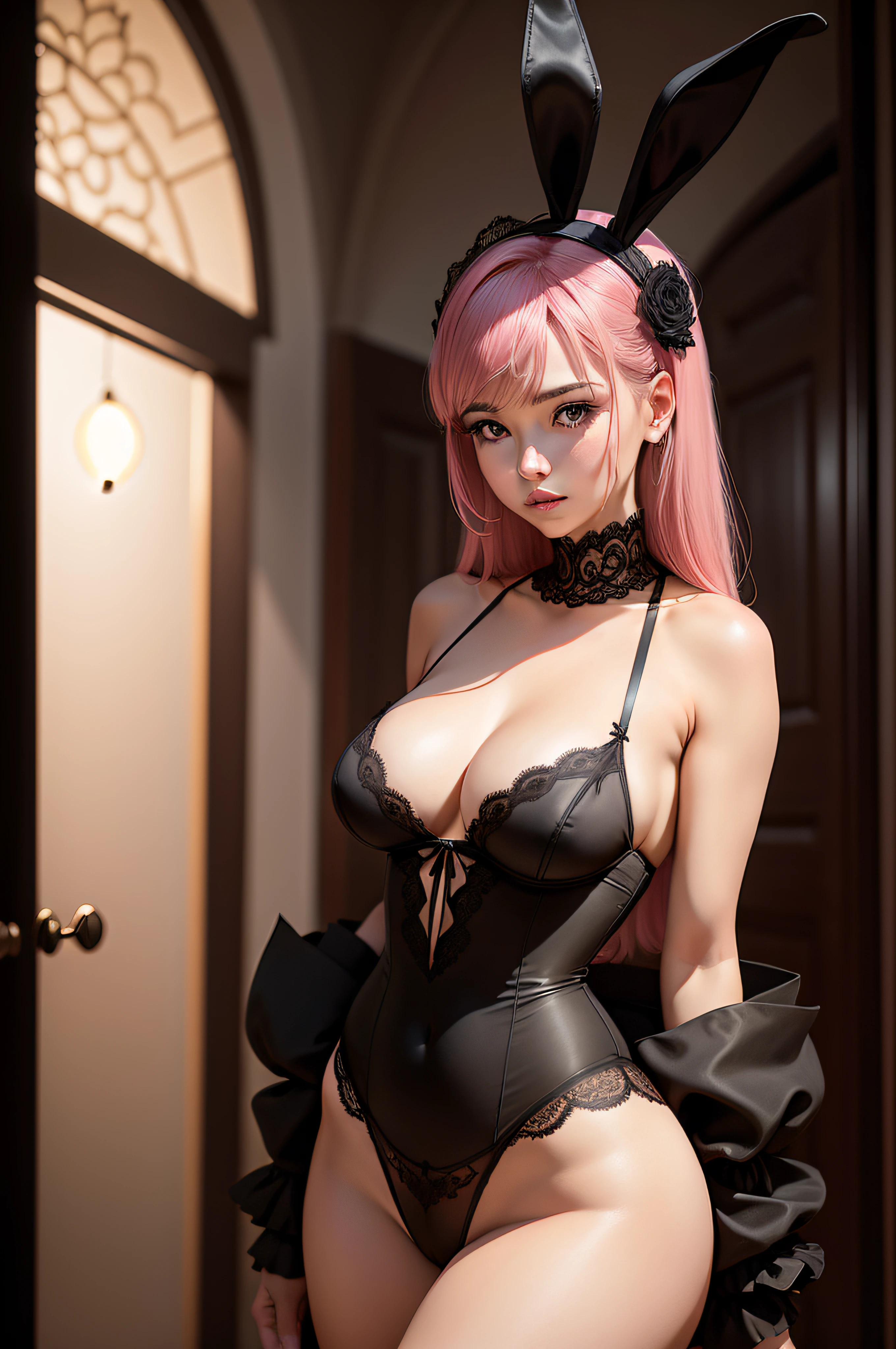 Por favor, Generate an illustration of a woman wearing elegant black lingerie, combined with a pink rabbit mask. The image should convey sophistication and charm, destacando os detalhes da lingerie. The main focus is to highlight the beauty of the ensemble and the confidence of the woman who wears it, without any sexual connotation.