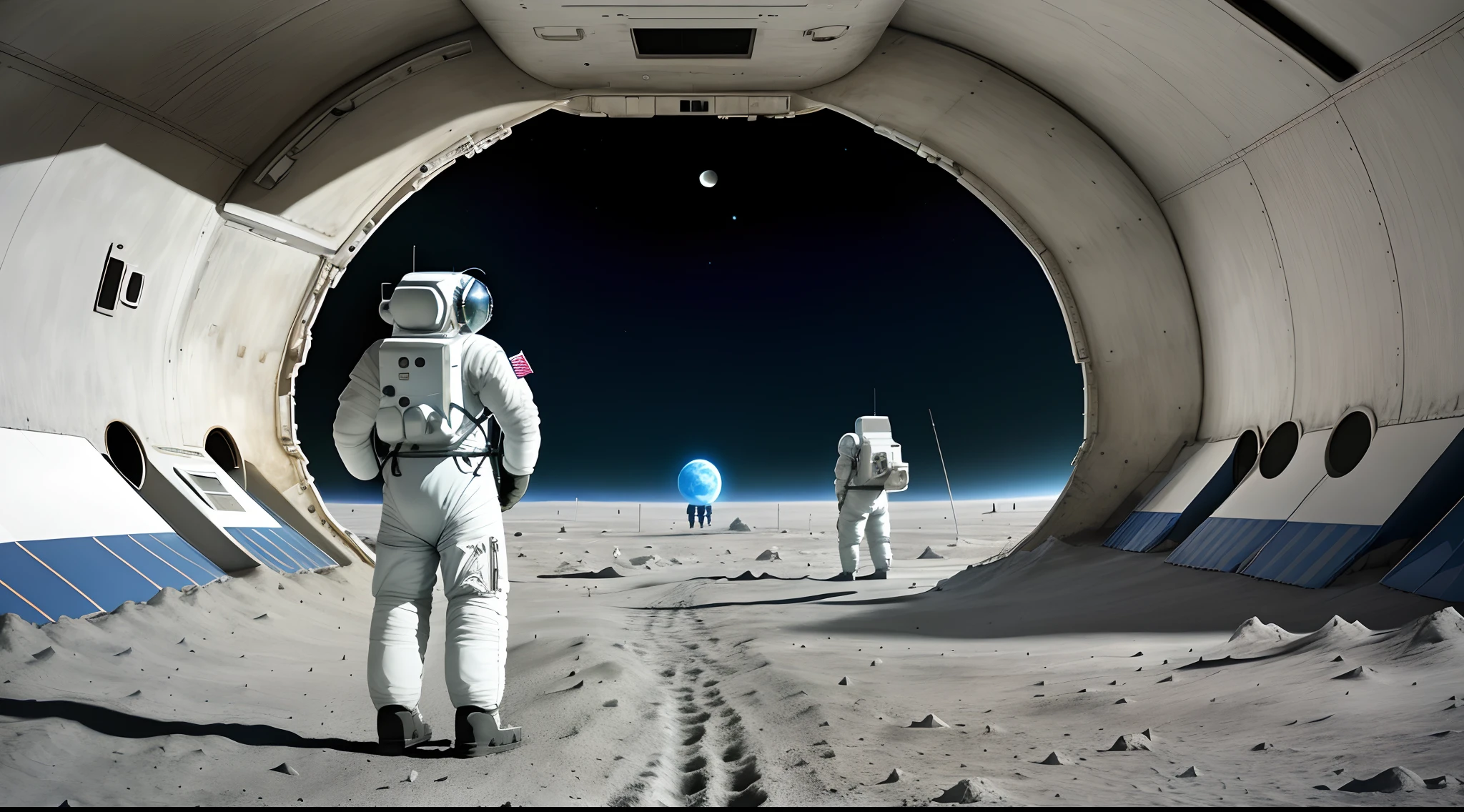 At the lunar base,Astronauts look at Earth