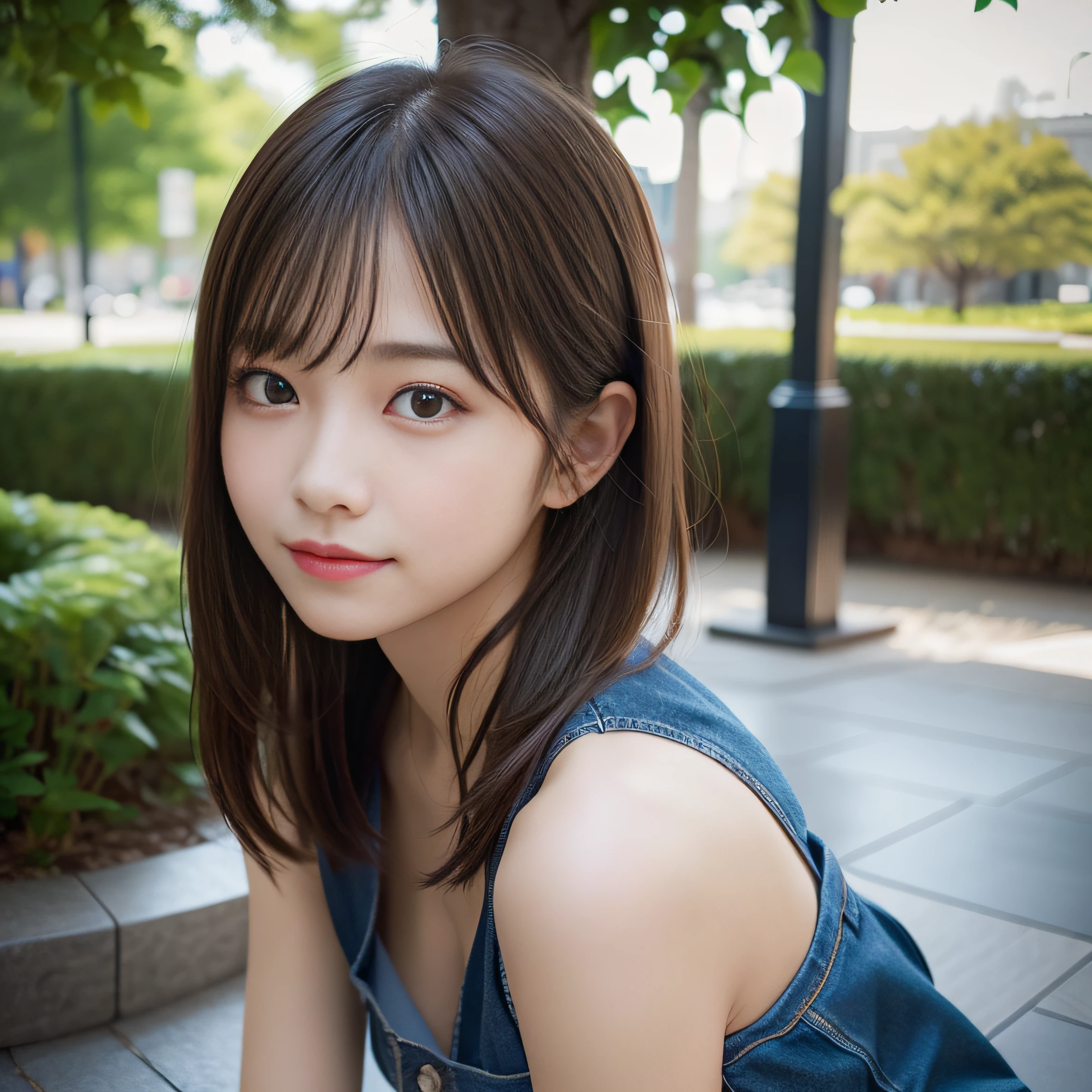 in 8K,Best Quality:1.4, 超A high resolution:1.5, (Photorealistic:1.4),masterpiece:1.2,(top-quality:1.4)、 Raw photo、 (From the knee up:1.8, From Side:0.7), (the background is blurred), a park,FULL BODYSHOT:1.4、 1日本人の女の子, Cute, (Solo), (Shy smile), Smooth skin、TThe shirt、Denim shorts、 (Brown medium hair,Bangs), (touch hair:1.4)、nogizaka、cute little、Supple fingertips,Beautiful black eyes、natural skin textures:1.3, realistic eyes and face details:1.7、middlebreasts、Gravure Pose:1.1、Toned buttocks:1.2、gazing at viewer、backshots