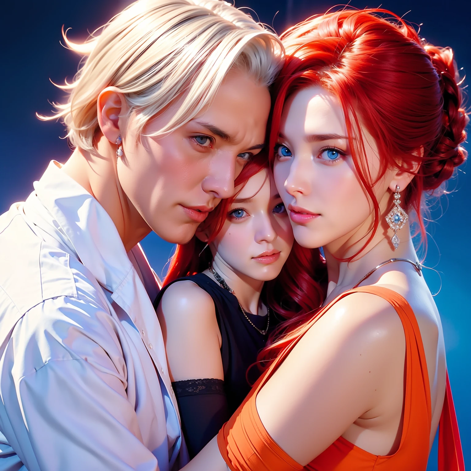 Woman with red hair and orange eyes with a man with medium white hair and blue eyes