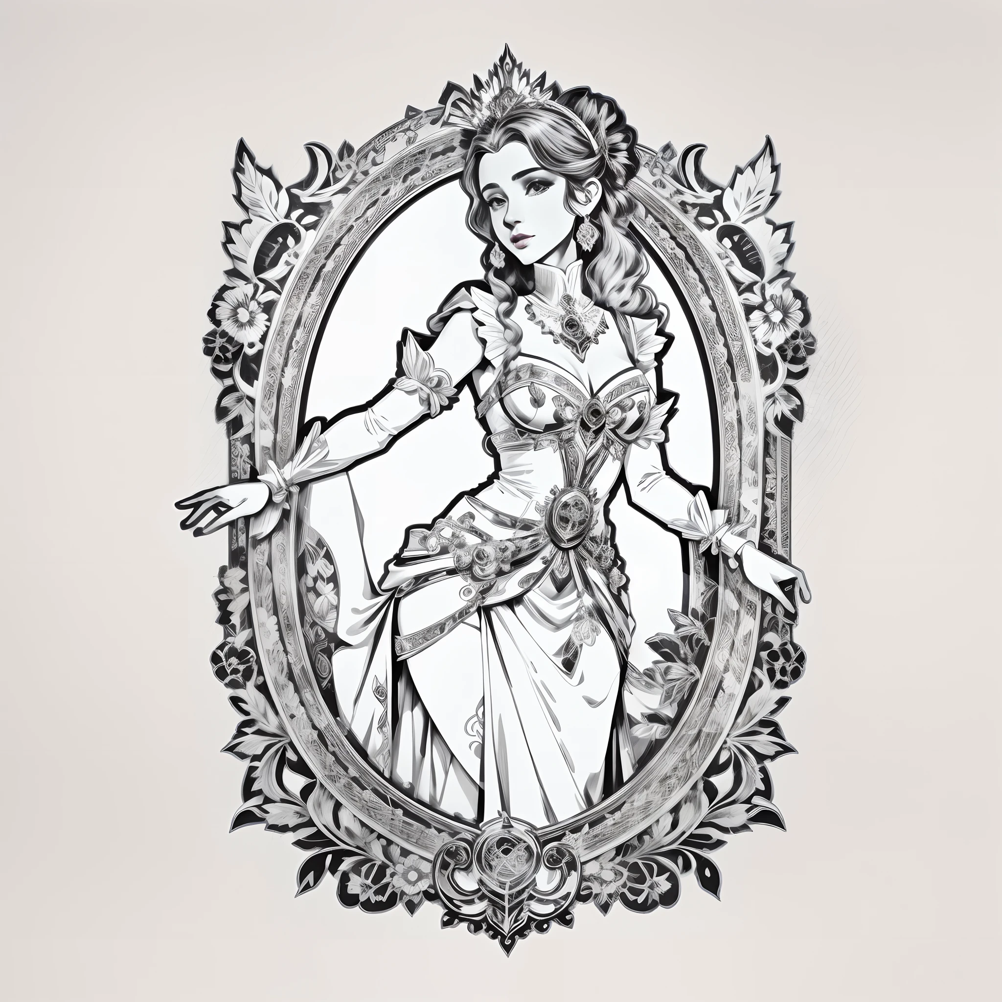 a black and white drawing of a woman in a dress, art nouveau ink illustration, ornate portrait, fantasy rpg symmetrical portrait, masterpiece ink illustration, princess portrait, extremely fine ink lineart, official character illustration, portrait of a steampunk ice lady, exquisite line art, fine line art, portrait of princess merida, official illustration, portrait of princess, art nouveau portrait