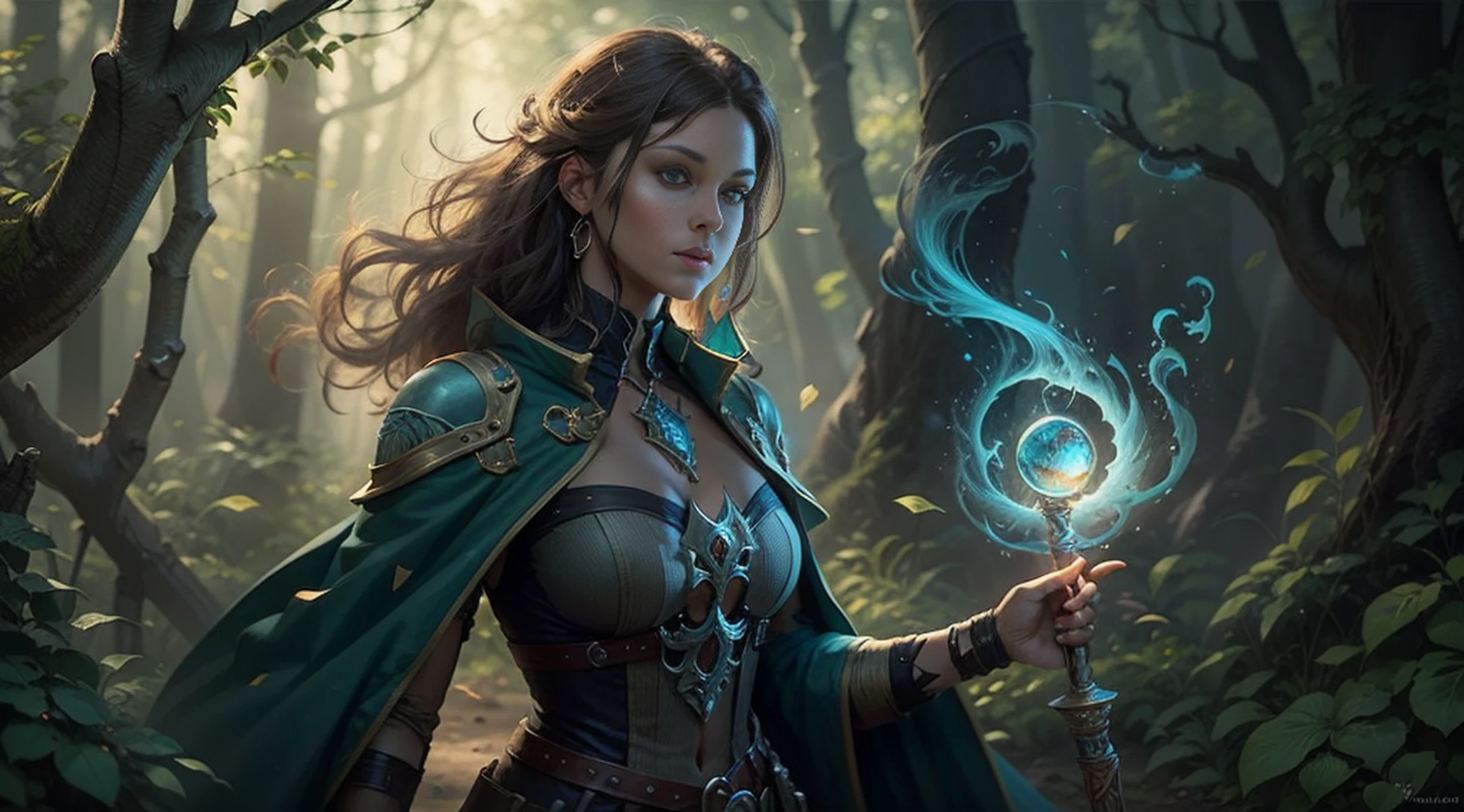 Arafed image of a woman in a forest holding a magic staff, fantasy card game art, detailed 2D digital fantasy art, Magali Villeneuve graphic artist, 4k fantasy art, epic fantasy digital art style, behance fantasy art, fantasy game art, detailed fantasy art, portrait of a female magician,  d & d digital fantasy art, high quality fantasy art