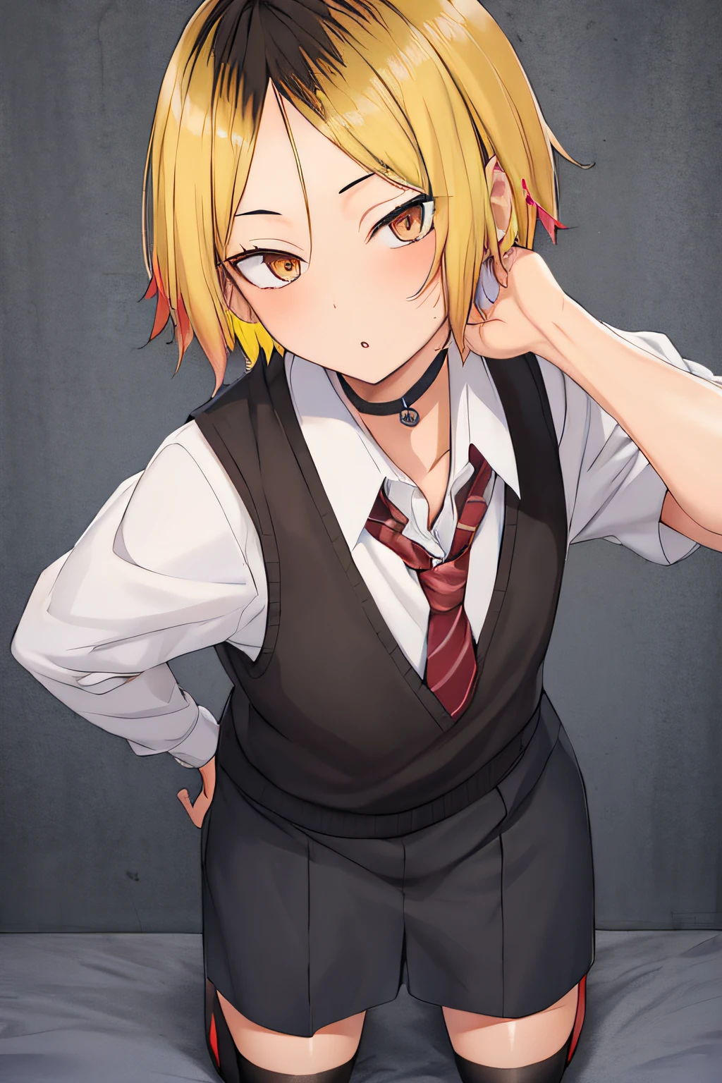 masterpiece, best quality, 1boy, solo, blonde hair, black hair, multicolored hair, forehead, brown eyes, collared shirt, white shirt, sweater vest, necktie, short sleeves, half body, city, looking at viewer, shota, cum_filled, brown_hair, heart_shaped_pupils, blue_eyes, kemonomimi, short-hair, ahegao, semen, tiny_boy, OTOKNEE, kneeling, choker, eye_patch, garter_belt,