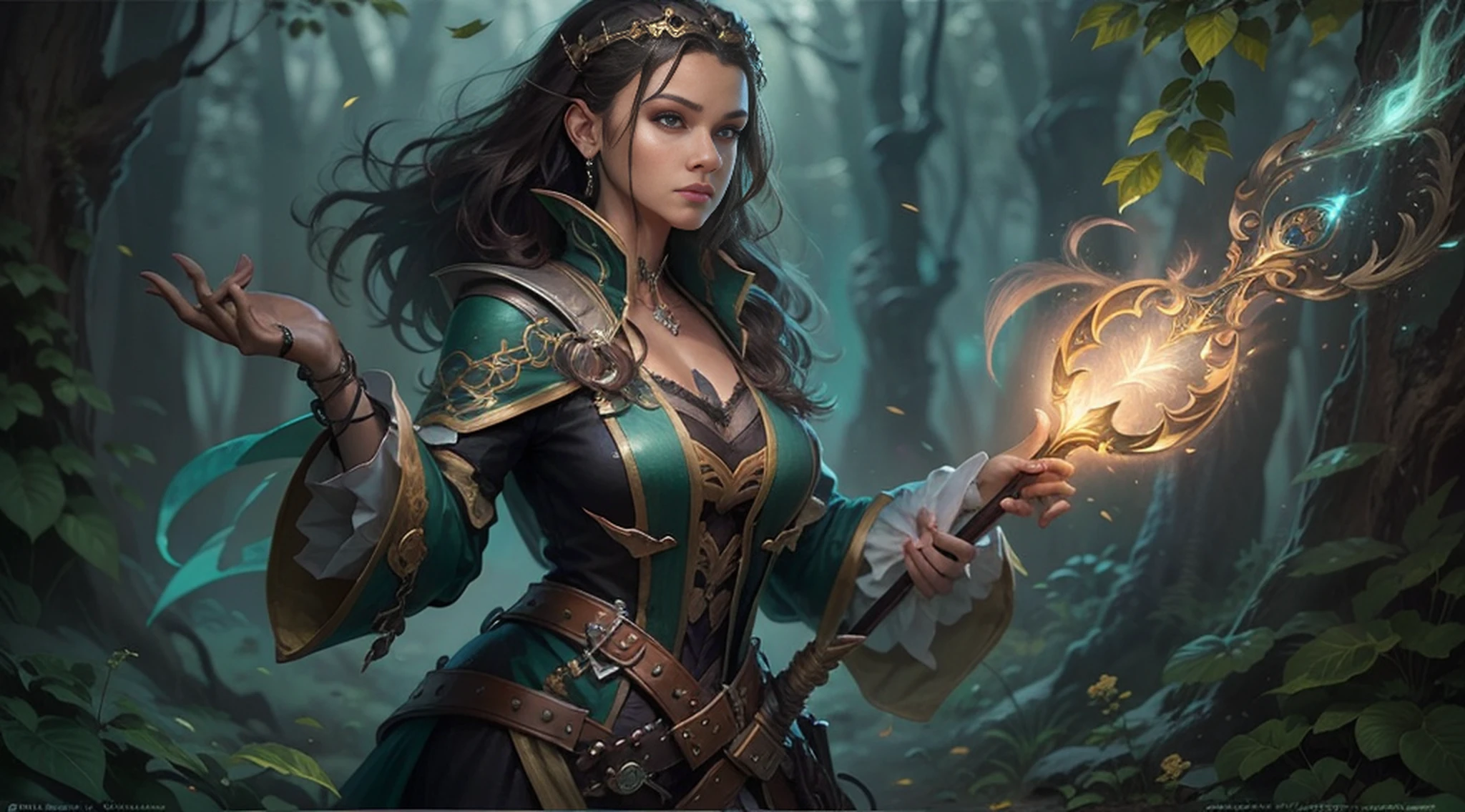 Arafed image of a woman in a forest holding a magic staff, fantasy card game art, detailed 2D digital fantasy art, Magali Villeneuve graphic artist, 4k fantasy art, epic fantasy digital art style, behance fantasy art, fantasy game art, detailed fantasy art, portrait of a female magician,  d & d digital fantasy art, high quality fantasy art