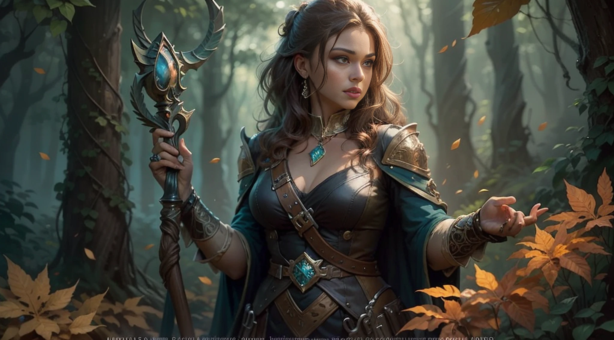 Arafed image of a woman in a forest holding a magic staff, fantasy card game art, detailed 2D digital fantasy art, Magali Villeneuve graphic artist, 4k fantasy art, epic fantasy digital art style, behance fantasy art, fantasy game art, detailed fantasy art, portrait of a female magician,  d & d digital fantasy art, high quality fantasy art