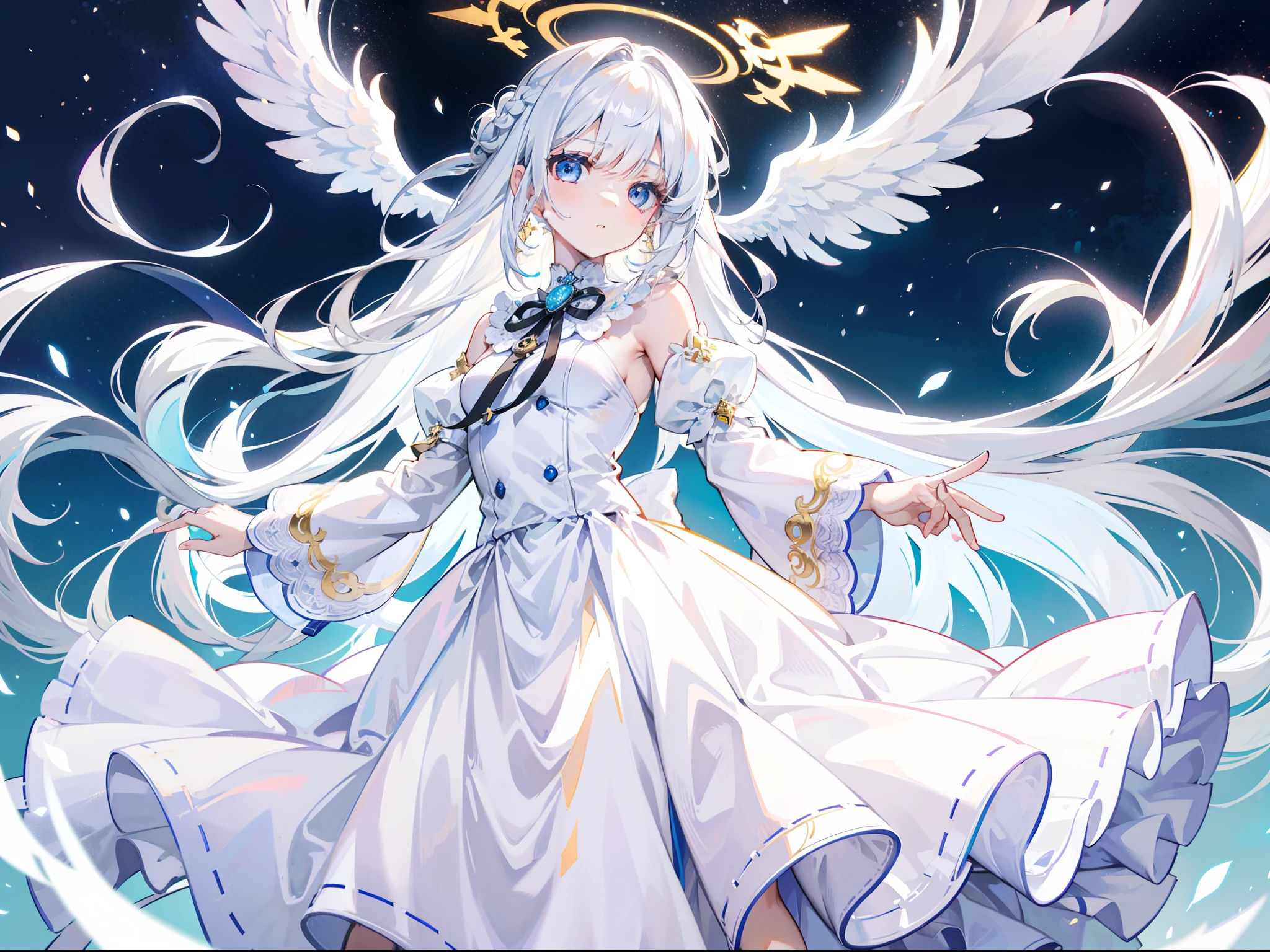 Beautiful girl with white hair，angelicales，Wearing a plain white dress，There is a halo on the top of the head，french braid，long whitr hair，Stand in a golden wonderland，There is only one wing behind him