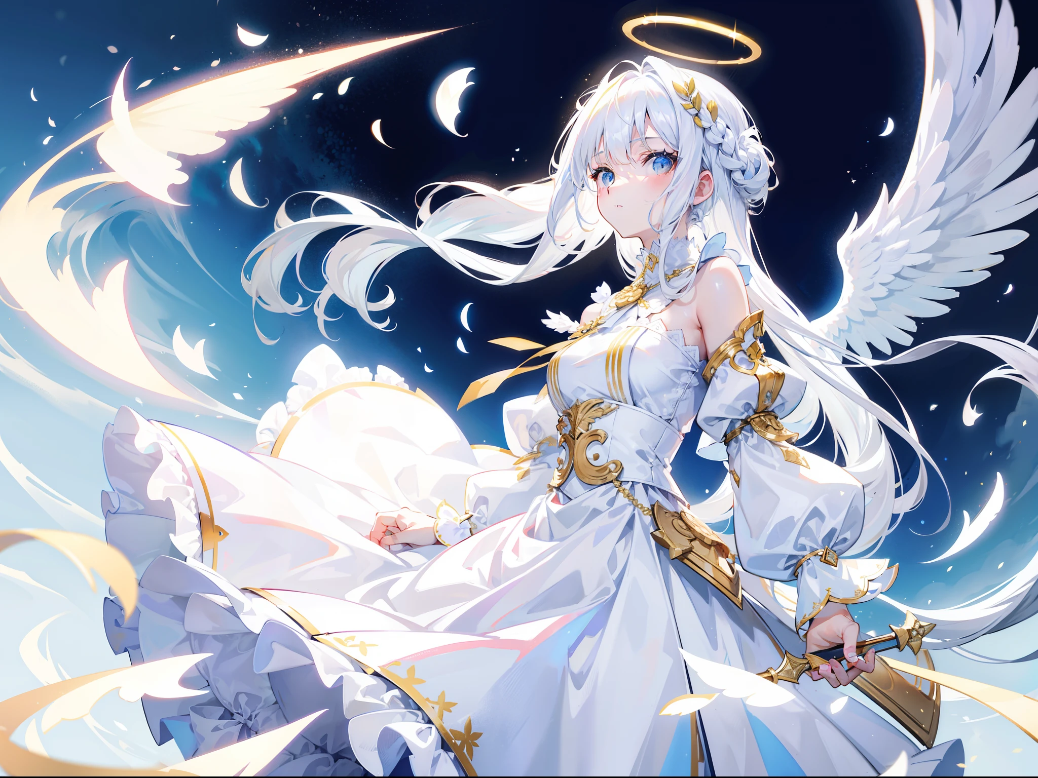Beautiful girl with white hair，angelicales，Wearing a plain white dress，There is a halo on the top of the head，french braid，long whitr hair，Stand in a golden wonderland，There is only one wing behind him