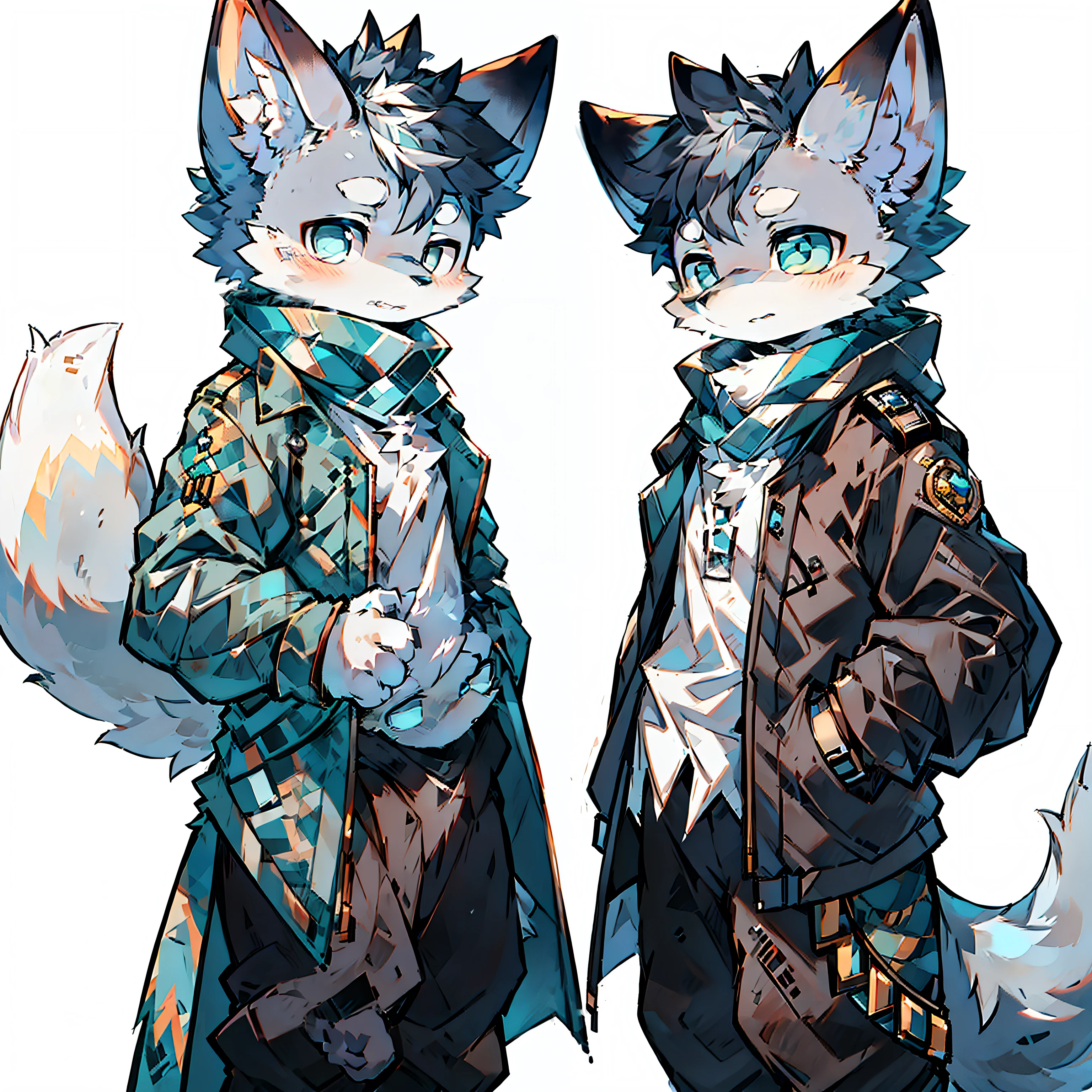 Plain white background
Teen character with reference sticker
Fresh and cold temperament
HD quality portraits
Meticulous beauty
Pride on the face
admiration
Clear blue eyes
Dark gray hair
Messy hair fluttering
Wolf ears have a sense of mystery
Obscure wolf tail
Military trench coat with clean lines
Characteristics of self-confidence
Emphasize an elegant brown scarf
Black boots show calmness and composure
Simple background,Highlight the role
Blank space creates a pure atmosphere
A unique touch for teenagers
Mysterious atmosphere
The boy was delicious
A strong presence that combines rigidity and softness
An admirable masterpiece