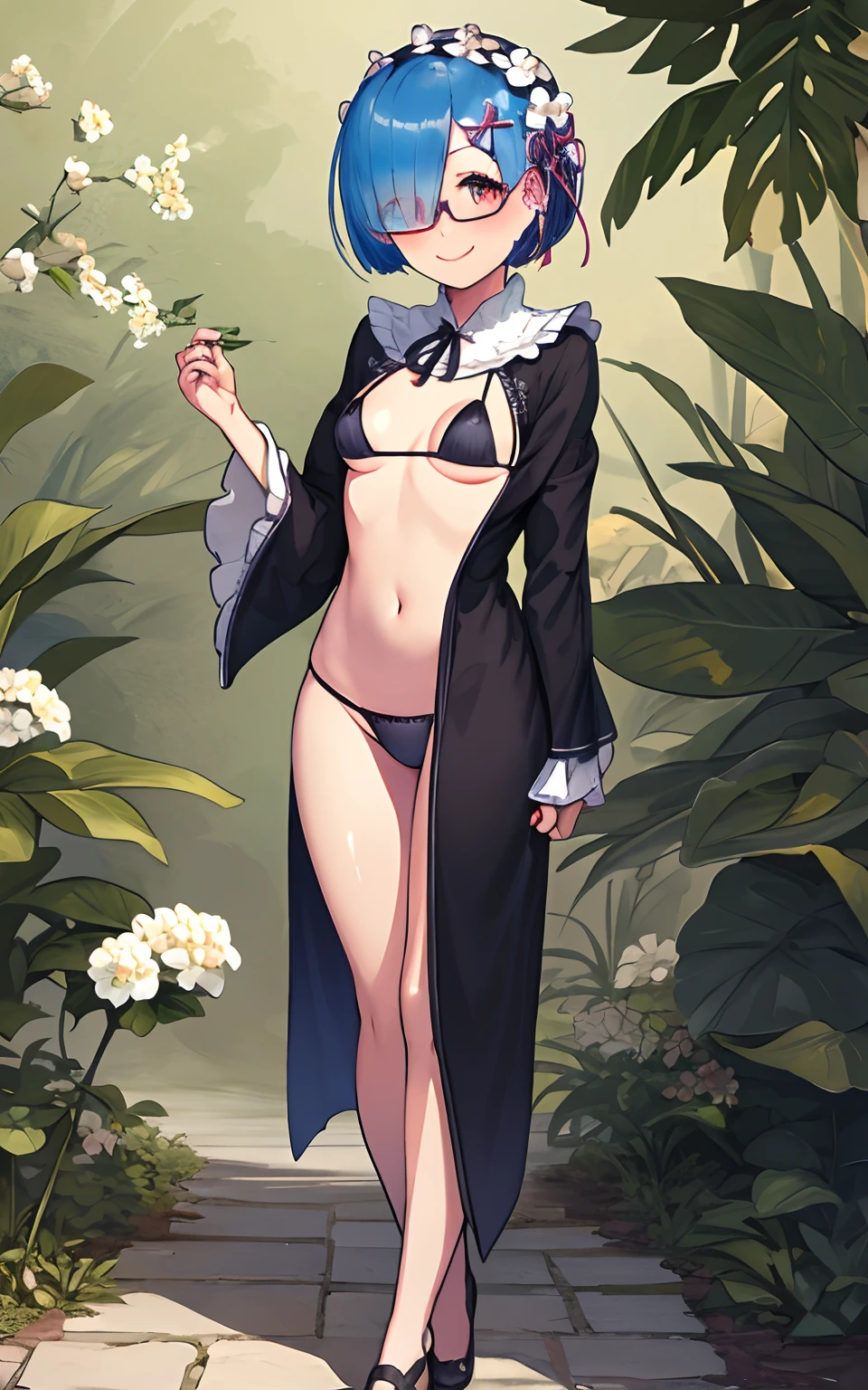 masterpiece, best quality,rem, 1girl, solo, micro bikini, hair flower, hair ornament, flower, full body, white flower, red eyes, glasses, smile, looking at viewer, highly detailed vilage background, blush,