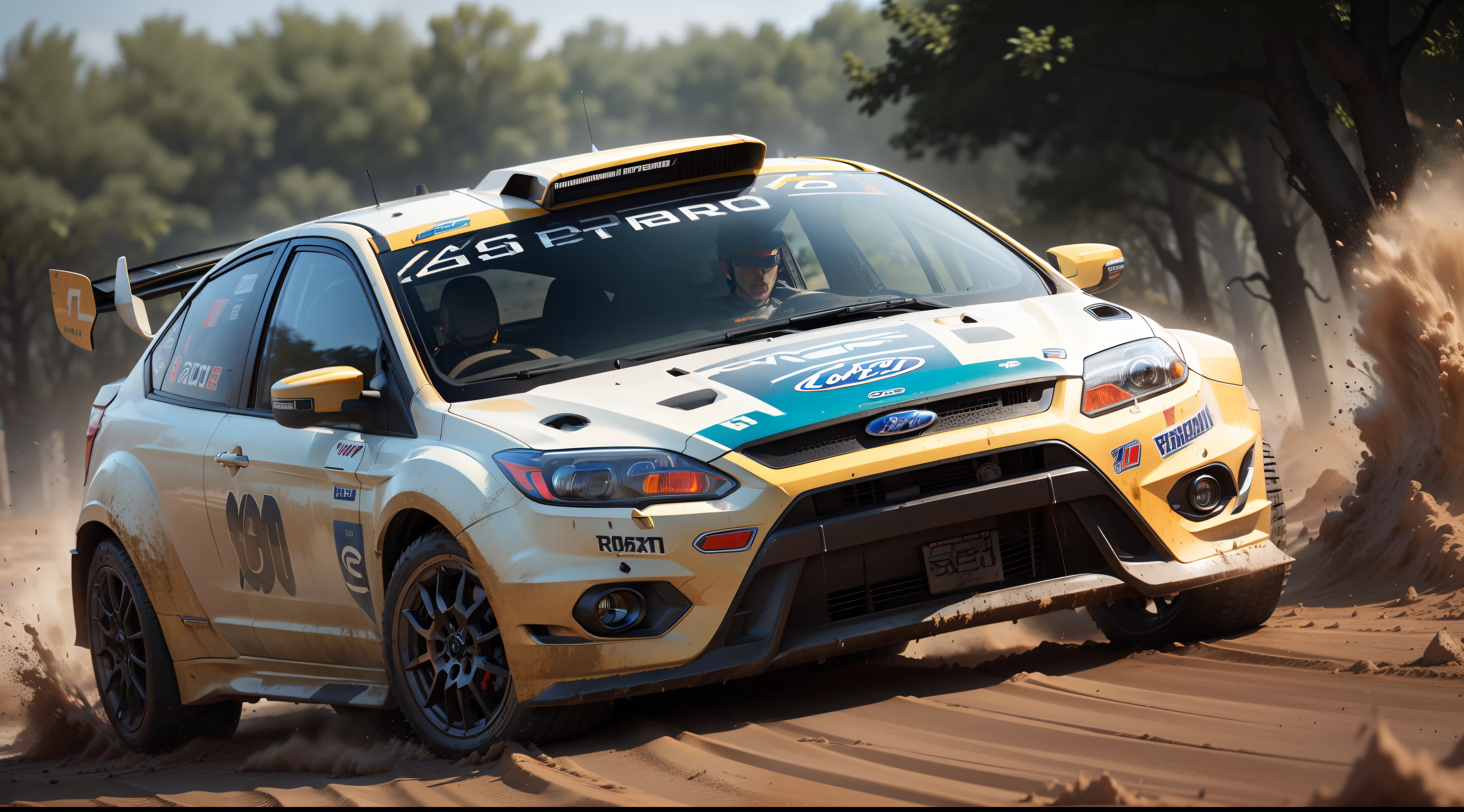 "Ford Focus rally configuration, intense action, adrenaline-filled, mud-splattered, high-speed thrill, rally car flying through the dirt, powerful engine roaring, precise handling, dynamic angles, dust clouds, sharp turns, racing against the clock."