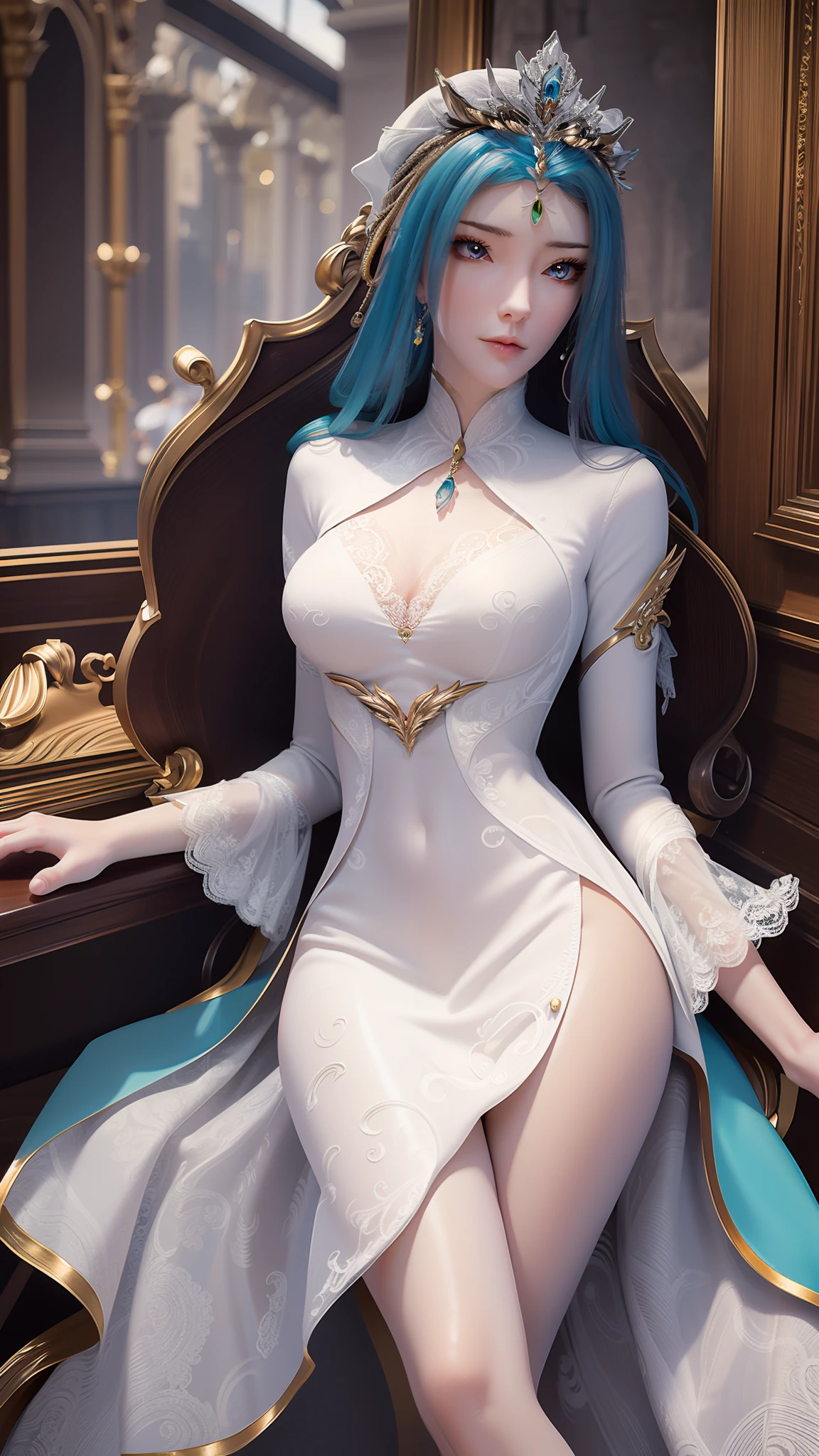 tmasterpiece,Best picture quality,HD 8K wallpaper,Beautiful picture,Elegant single woman,Round dress,Shiny eyes,Detail at its best,An exquisite masterpiece,Pure beauty and lightness,Moderately aesthetic,Gentle and elegant,Attention to detail,Cyan white lace round princess dress,Immortal