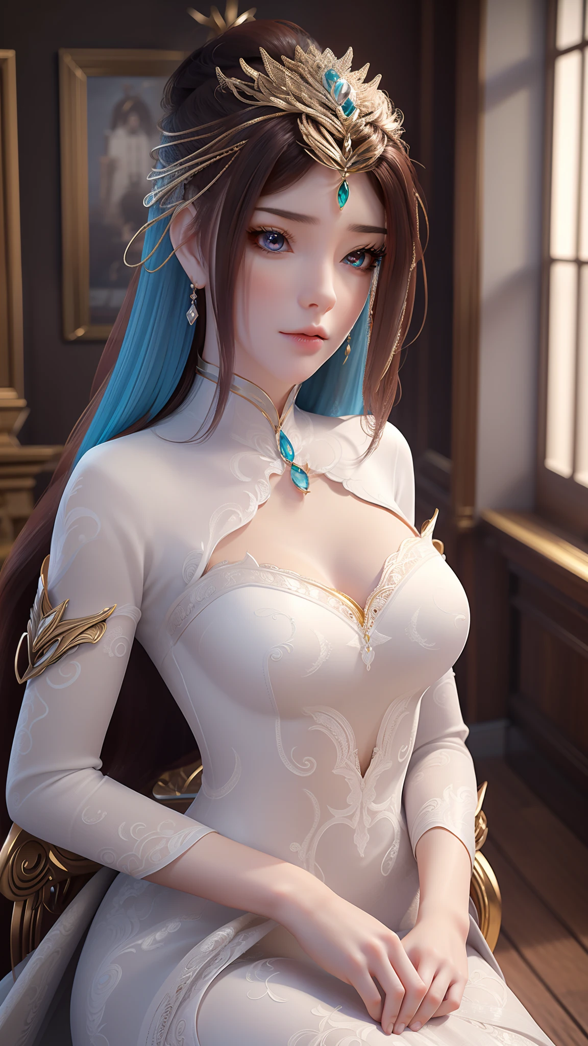 Arad woman in blue dress sitting on windowsill, cute anime waifu in a nice dress, trending on cgstation, 8K high quality detailed art, anime barbie in white stockings, highly detailed exquisite fanart, Extremely detailed Artgerm, the anime girl is crouching, flowing magical robe, beautiful and seductive anime woman, WLOP and Sakimichan