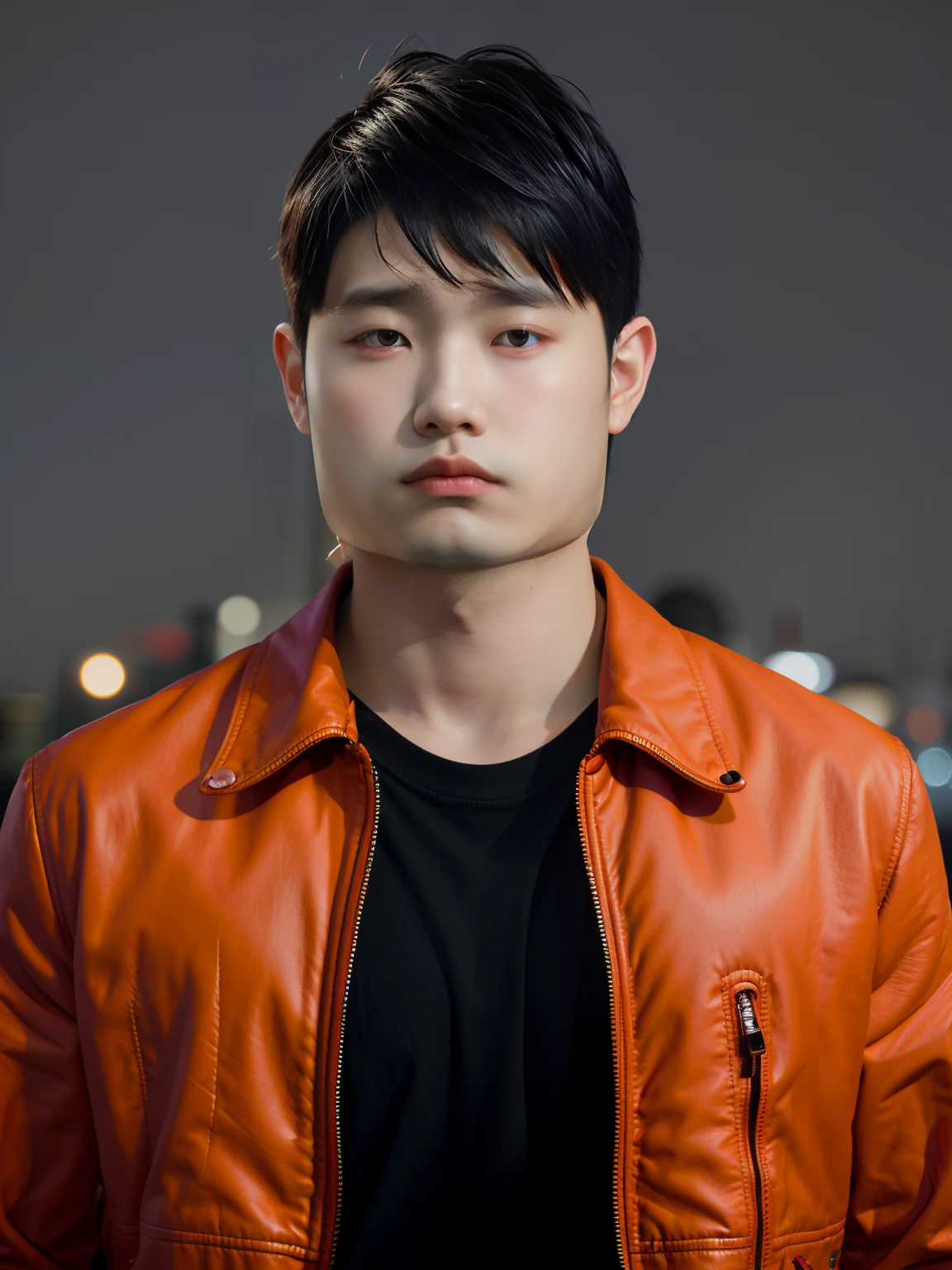 Close up of a man with black hair, red leather jacket looking to the side, city at night, movie blue lights, chiaroscuro, 8K, original, HD, stunning masterpiece, threatening smile, cute character and cute, thin, muscular man, textured skin, glowing , Asian idol, Choi Seo kun, Jimin Greek nose, Sung Yanjun, male Urzan, glowing red eyes, Kim Tae Joon.