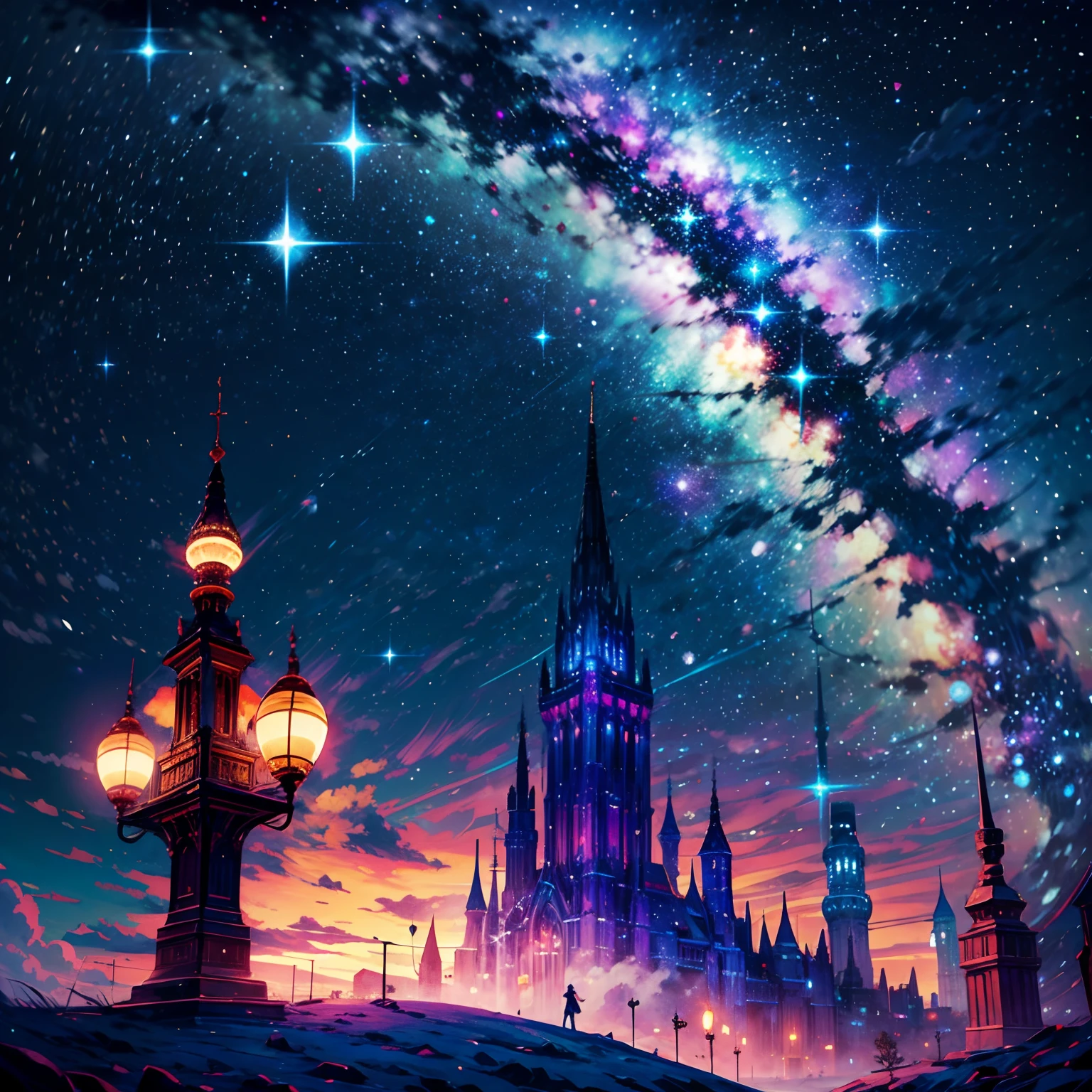 towers of god, blue towers, violet, blue, red, god, red sky, violet sky, starry sky, stars, starry towers, starry god, light blue, civilization, order