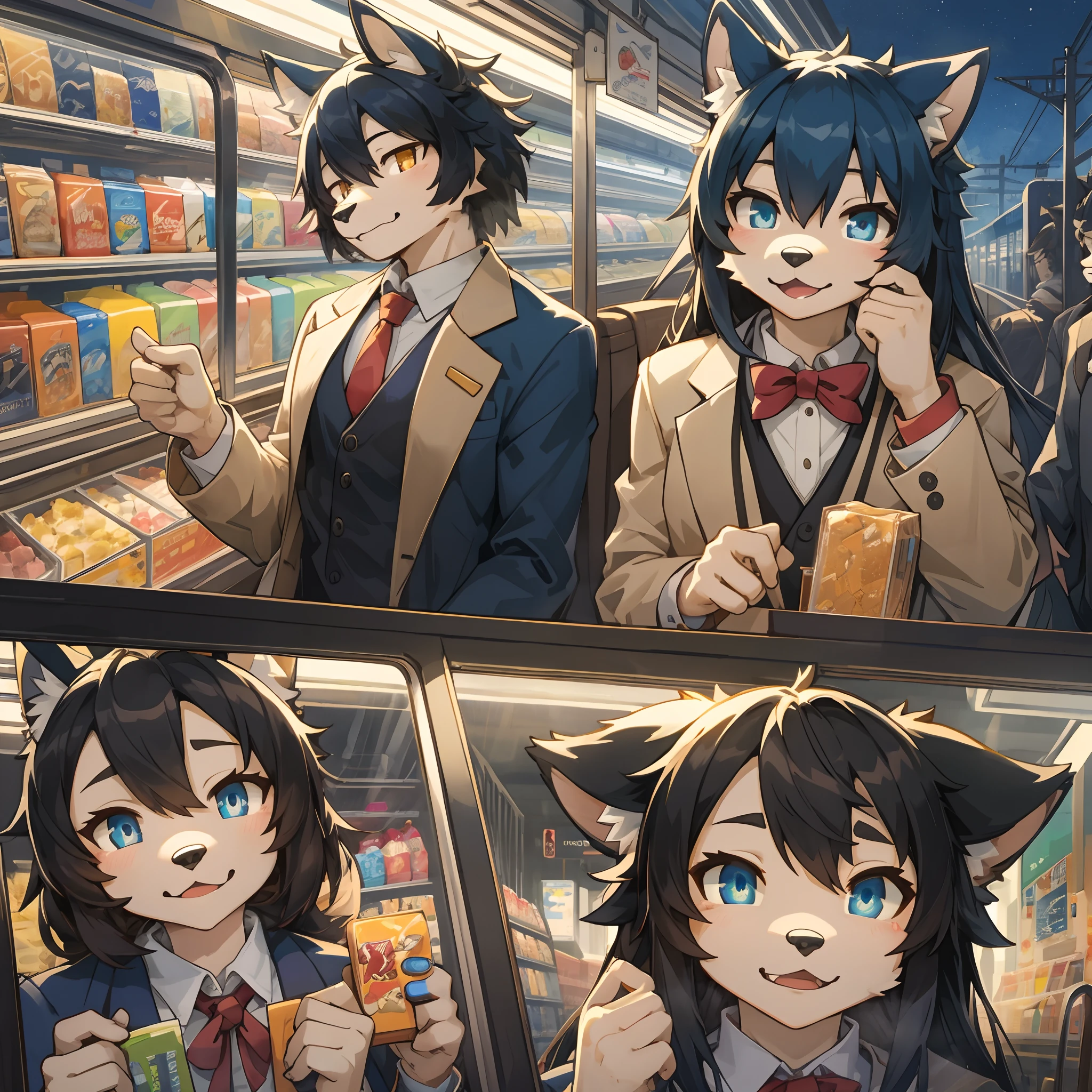 top quality, best quality, High-quality illustrations, masterpiece, super high resolution, detailed background, station, train, salary, suits, student, evening, vending machines, Tyndall phenomenon, 6+boys, 6+girls, absurdres(highly detailed beautiful face and eyes)perfect anatomy, expression, good lighting, cinematic shadow(kemono, furry anthro)assorted poses, dynamic angle,