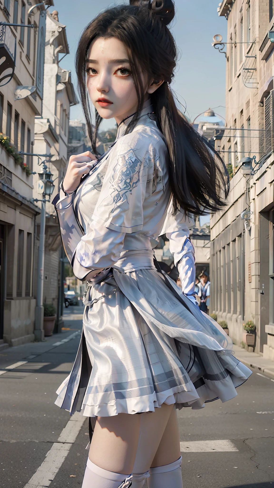 (tmasterpiece,k hd,hyper HD,16k)brunette color hair,15 year old girl,Multi-layer gauze skirt,Blue and white embroidered chicken crown gold inlaid hairpin,Rouge lips,Cherry mouth,Focus on the neckline,Soft hair like slippery silk,Sparkling,Almost reluctant to look away,She wears suspenders!Imagine that,She just wore a cheongsam to shop in the bustling Sanlitun,One can't help but want to take a closer look。Take a closer look, desi,Her belly pocket is quite stylish,The skirt flutters in the wind,It's like adding a touch of energy to the whole street,Crocodile skin train,A sneak peek angle,(From the angle below),Sit in a seat with a fish pattern on the train,sitting in front,Zoom camera,head portrait,Head down and sleepy-eyed,Look at the ground, best qualtiy, hyper HD, (realisticlying:1.4),, A high resolution, the detail, RAW photogr, Sharp Re, Nikon D850 Film Stock Photo by Jefferies Lee 4 Kodak Portra 400 Camera F1.6 shots, Rich colors, ultra-realistic vivid textures, Dramatic lighting, Unreal Engine Art Station Trend, cinestir 800,