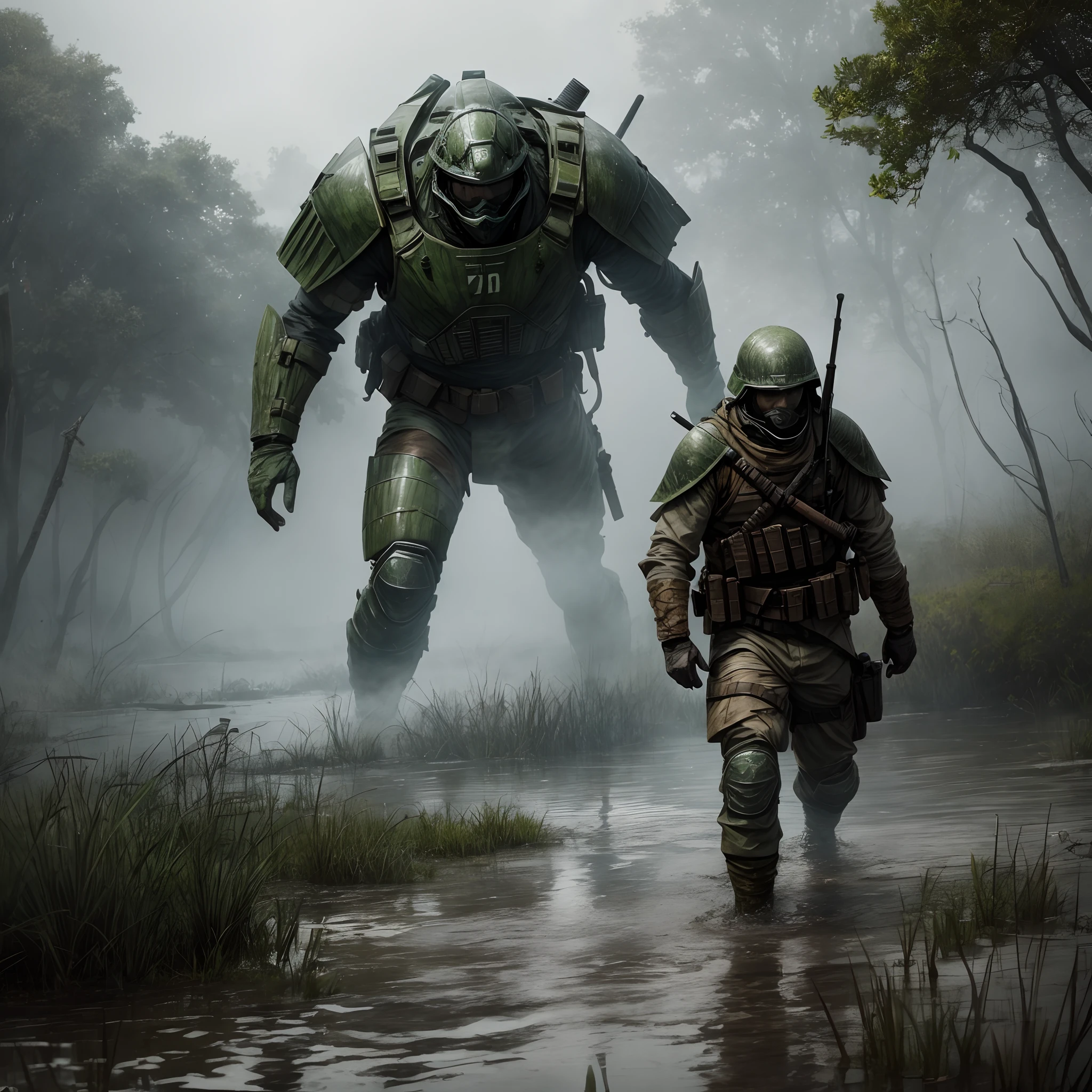 Freshwater color，Splash color，War in the swamp，Wear a faction costume，Rush towards enemy soldiers，Mist，Light rain