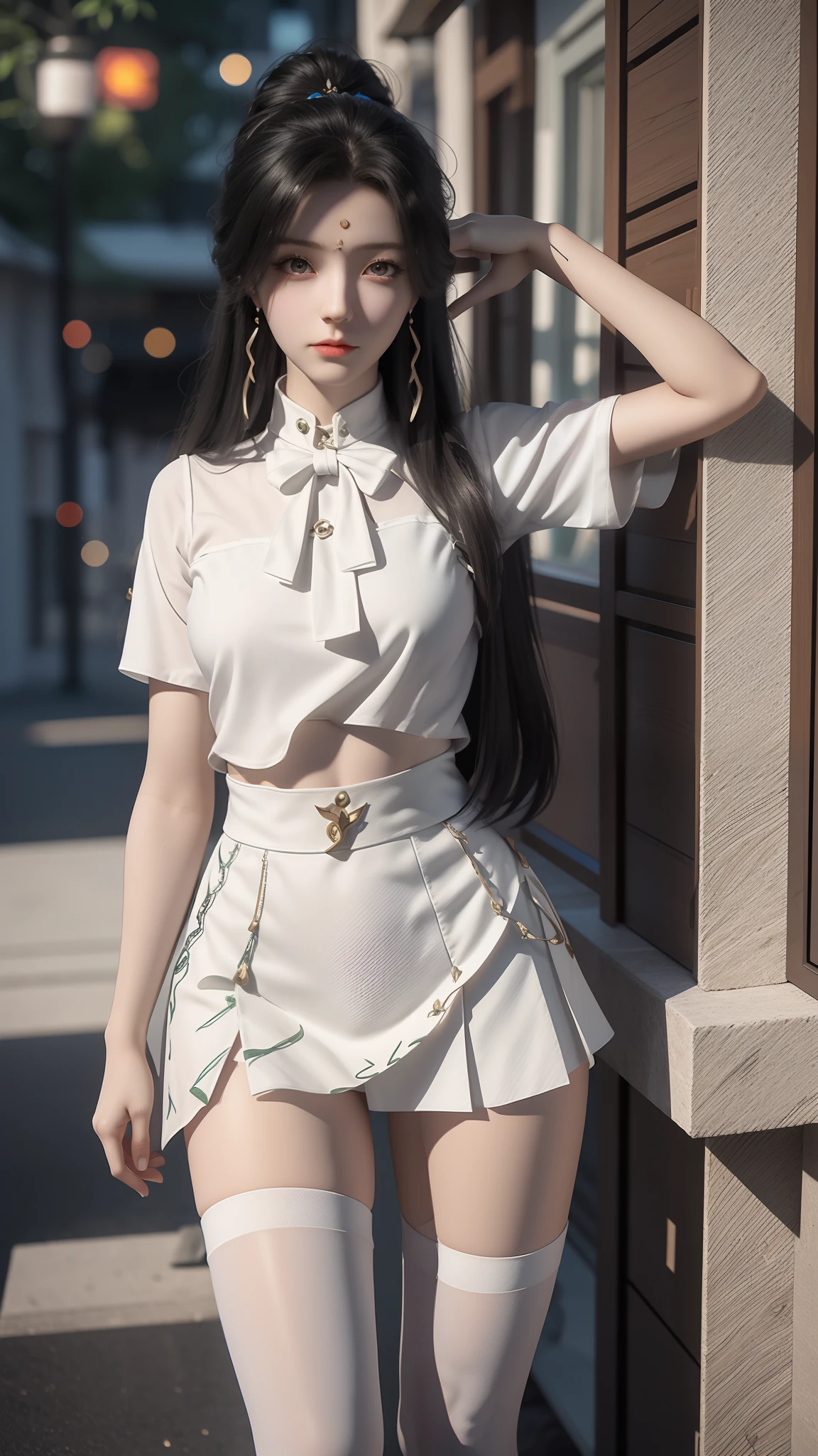 Arad woman poses for a photo in a short skirt and white shirt, Surrealism female students, Surrealism female students, Realistic schoolgirl, photorealistic anime girl rendering, thighhighs and skirt, 3 d anime realistic, small curvaceous ****, wearing skirt and high socks, Photorealistic anime, cute female student, Realistic anime 3 D style, Female Student