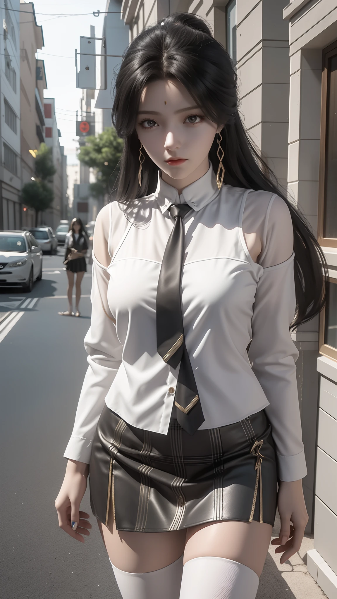 Arad woman poses for a photo in a short skirt and white shirt, Surrealism female students, Surrealism female students, Realistic schoolgirl, photorealistic anime girl rendering, thighhighs and skirt, 3 d anime realistic, small curvaceous loli, wearing skirt and high socks, Photorealistic anime, cute female student, Realistic anime 3 D style, Female Student