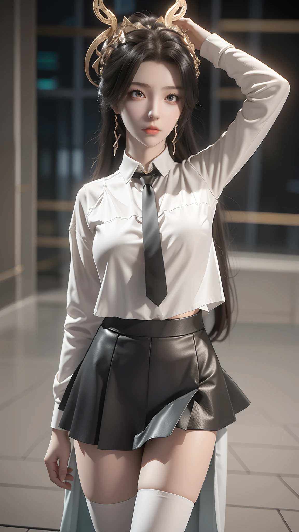 Arad woman poses for a photo in a short skirt and white shirt, Surrealism female students, Surrealism female students, Realistic schoolgirl, photorealistic anime girl rendering, thighhighs and skirt, 3 d anime realistic, small curvaceous ****, wearing skirt and high socks, Photorealistic anime, cute female student, Realistic anime 3 D style, Female Student