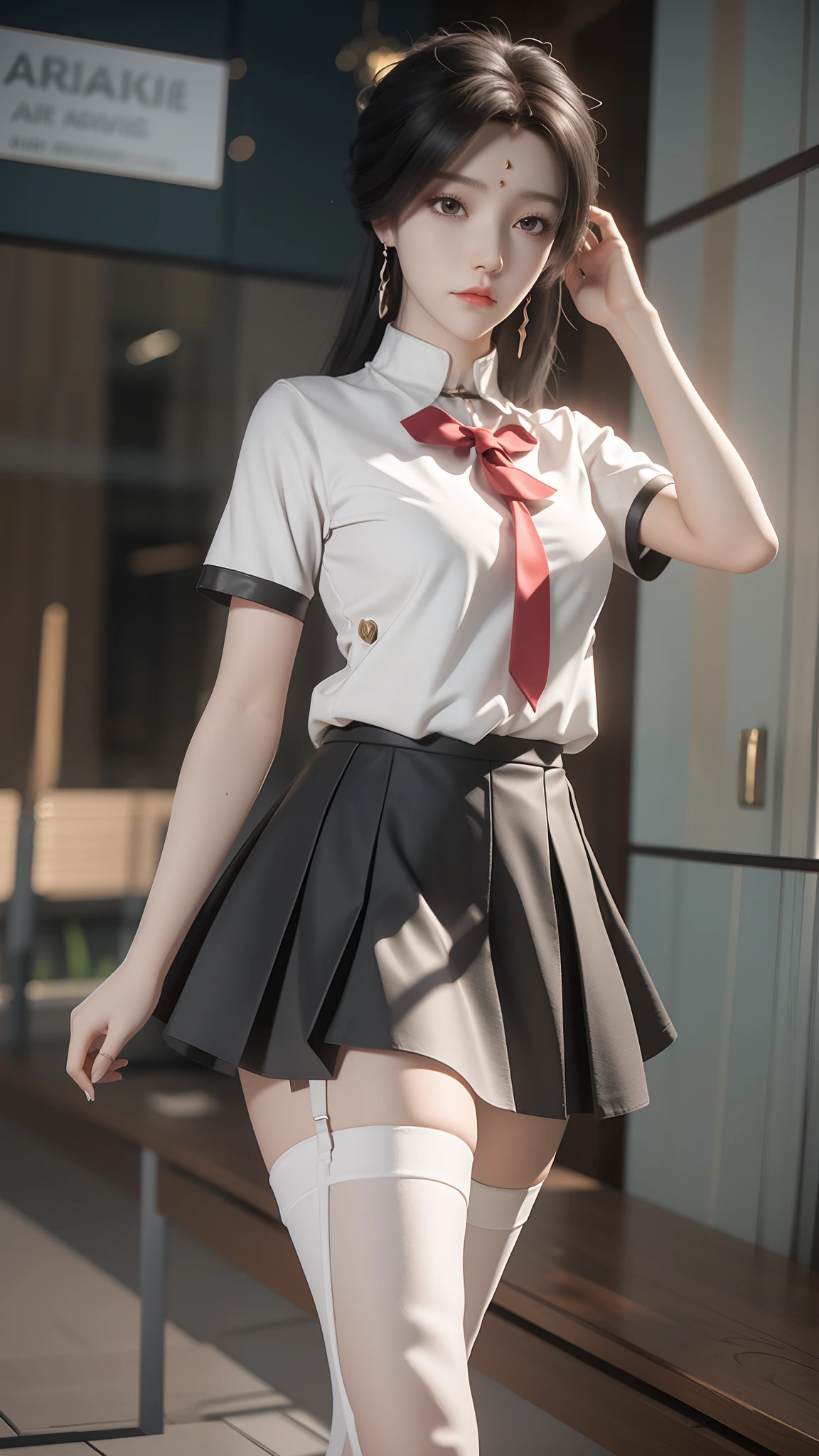 Arad woman poses for a photo in a short skirt and white shirt, Surrealism female students, Surrealism female students, Realistic schoolgirl, photorealistic anime girl rendering, thighhighs and skirt, 3 d anime realistic, small curvaceous loli, wearing skirt and high socks, Photorealistic anime, cute female student, Realistic anime 3 D style, Female Student