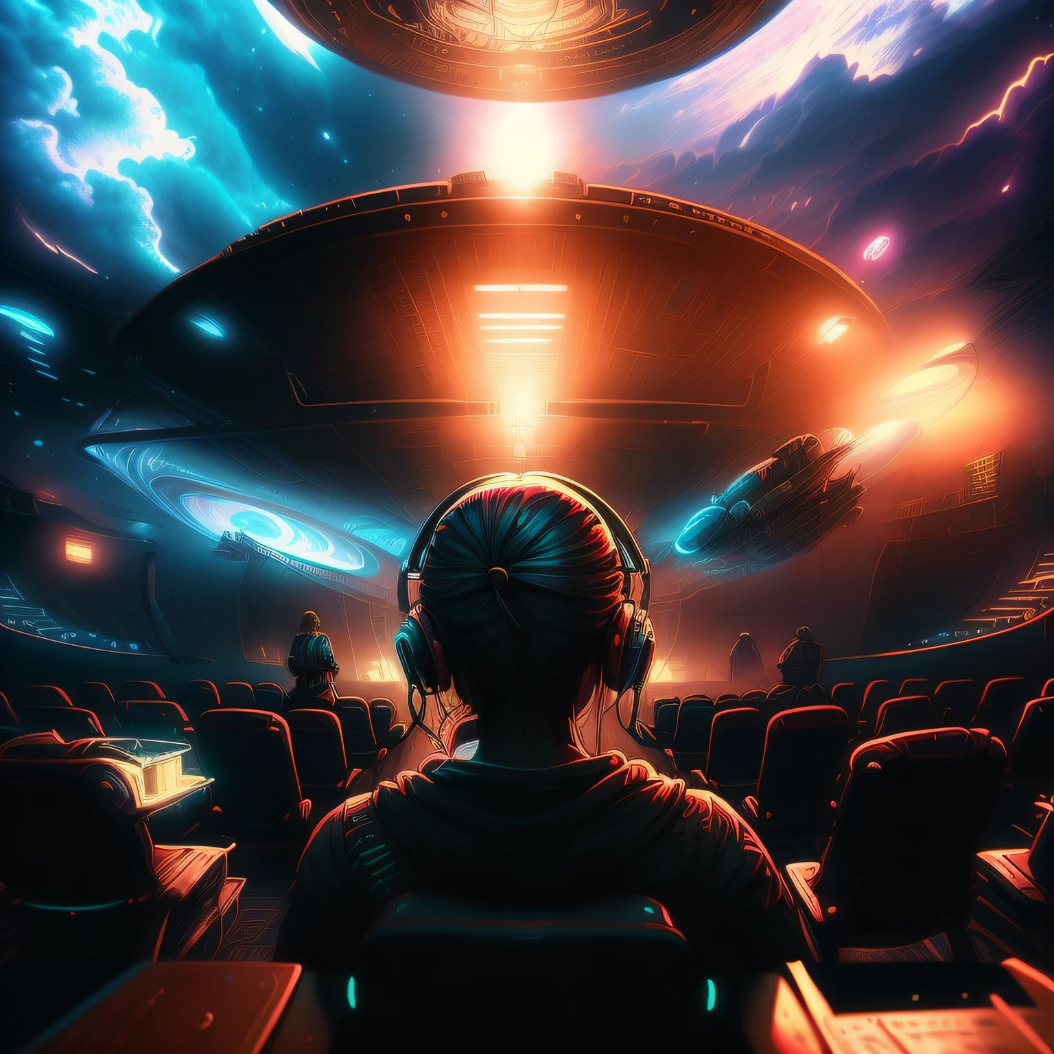 There's a woman sitting in a theater watching a movie, arte conceitual do metaverso, O metaverso criptografado, cinematic beeple, Realismo | Bipe, Bipe. hiper-Realismoo, Mais fundo no metaverso vamos, em uma arena futurista, Hybrid style beep blend, 3 d render Bipe, depicted as a scifi scene