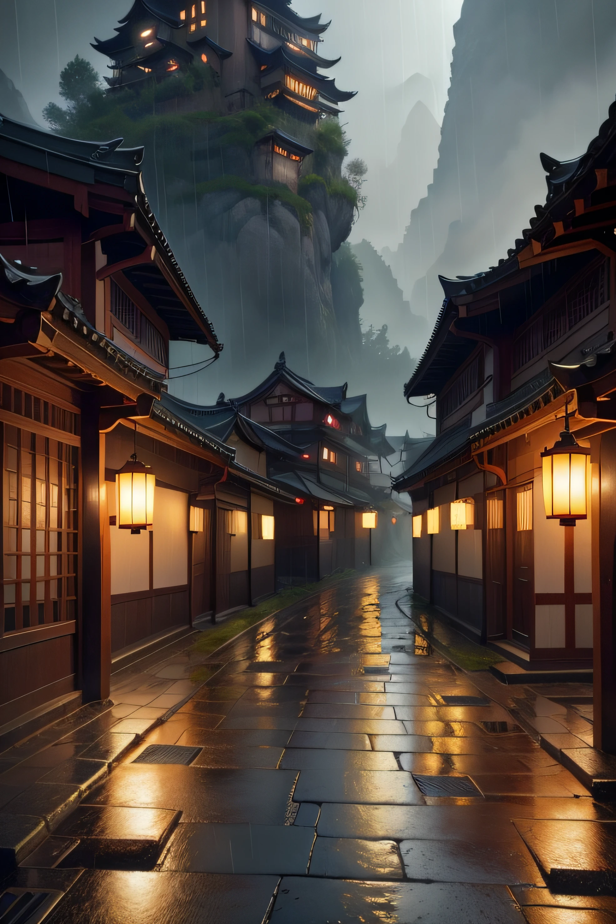 arafed view of a village with a lot of lights on the buildings, dreamy chinese town, chinese village, amazing wallpaper, japanese town, japanese village, hyper realistic photo of a town, old asian village, japanese city, by Raymond Han, rainy evening, cyberpunk chinese ancient castle, beautifully lit buildings, at evening during rain, beautiful and aesthetic, photography, cinematic, 8k, high detailed ((Heavy rain)))