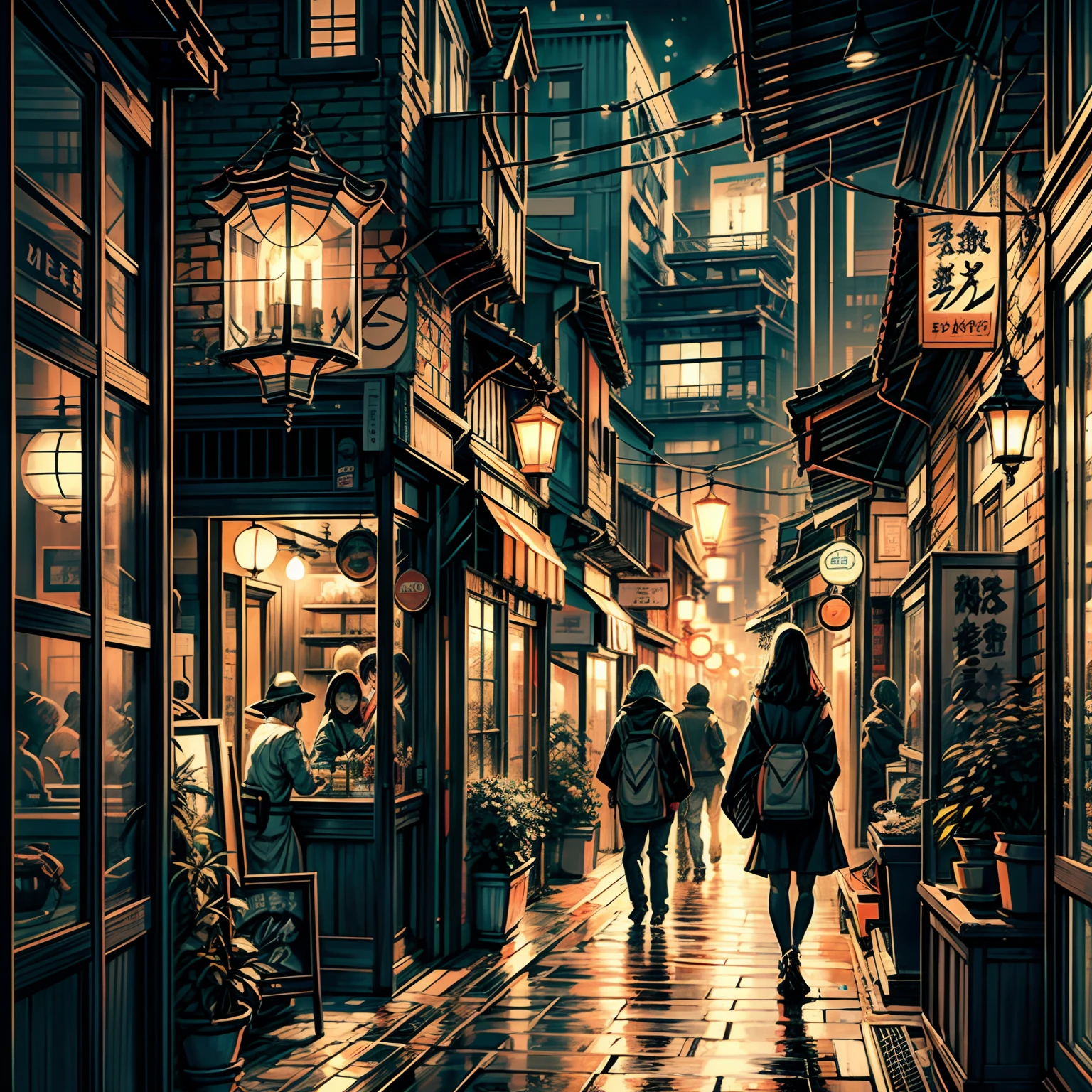 A captivating point of view from within an enchanting antique shop, offering a tantalizing glimpse of bustling city streets in Japan. This scene, captured in the evocative style of Tim Doyle, artfully brings together the charm of antiquity and the vibrant energy of urban life. The warm and nostalgic lighting bathes the scene, casting an inviting aura over the surroundings. The artist skillfully channels the artistic essence of Tim Doyle, whose unique style blends vintage aesthetics with modern sensibilities. The artwork is a captivating print that showcases intricate attention to detail, inviting viewers to explore every nook and cranny of the antique shop and the lively streets beyond. Through this composition, viewers are transported to the heart of a Japanese cityscape, immersed in the sights and sounds of the bustling urban environment. The color scheme features a harmonious fusion of muted and vibrant tones, enhancing the visual appeal of the scene. Employing digital techniques, the artist heightens the atmosphere, drawing viewers into a captivating world that seamlessly marries nostalgia and modernity. The overall quality of the piece showcases the artist's ability to infuse the scene with both a sense of longing and the vibrancy of the present.