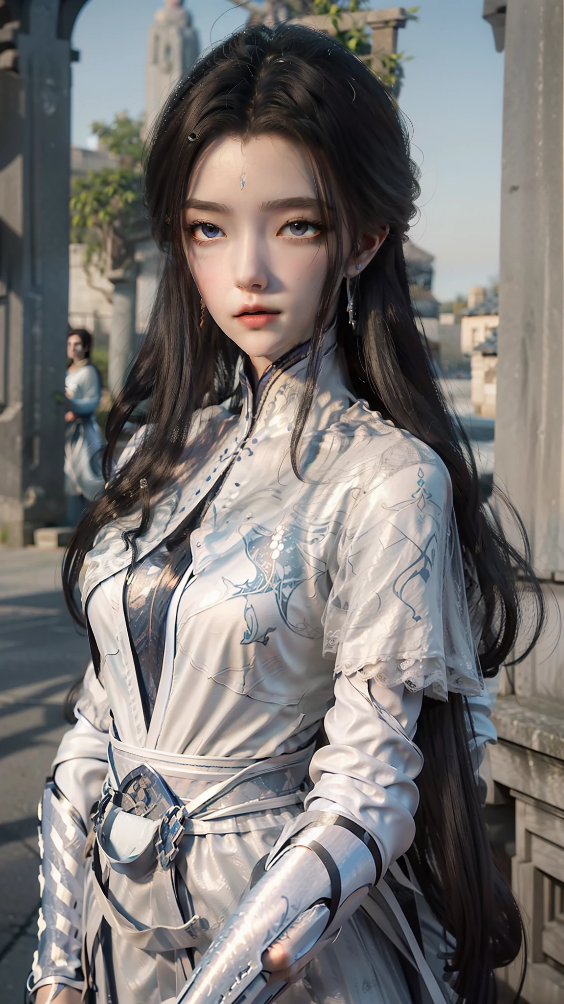 tmasterpiece,Best picture quality,HD 8K wallpaper,Beautiful picture,Elegant single woman,Round dress,Shiny eyes,Detail at its best,An exquisite masterpiece,Pure beauty and lightness,Moderately aesthetic,Gentle and elegant,Attention to detail,Cyan white lace round princess dress,Immortal
