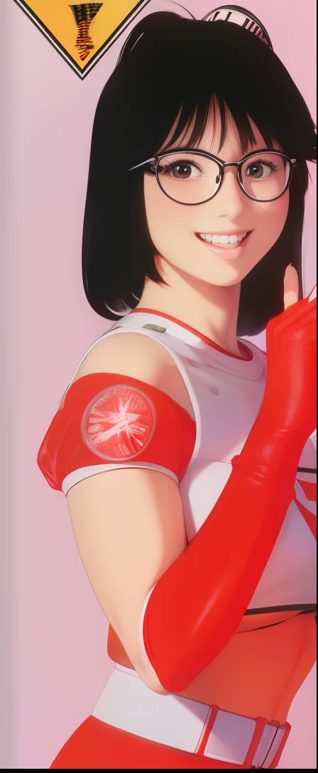 Yumiko Itaya, black hair, seiko-chan cut, bangs, round glasses, red and white outfit, red finger cut gloves, smiling, posing for the camera, Sfw