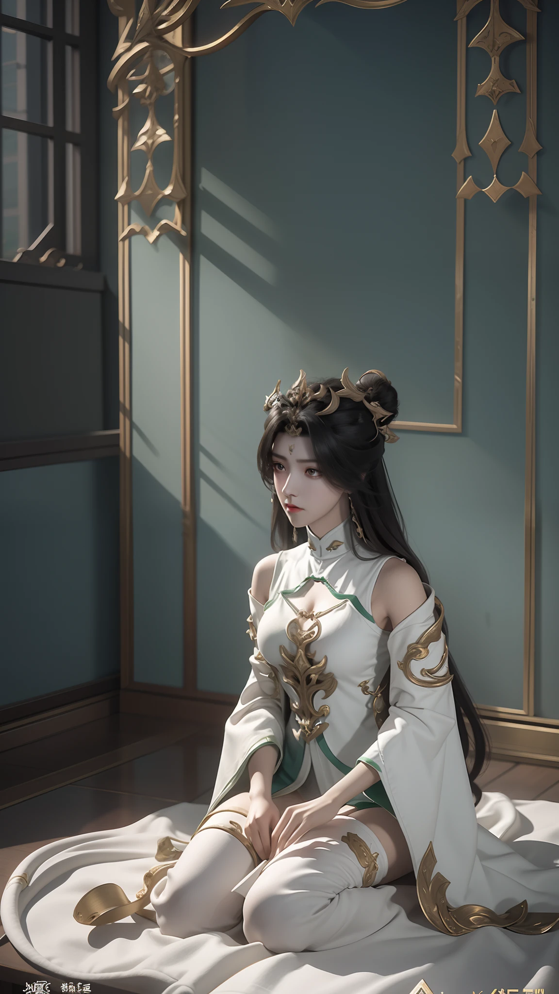 Dressed in costume, Alafi knelt on a blanket, concept-art：Hero, Trend of CGsociety, Fantasy art, Guviz-style artwork, Guviz, Smooth anime CG art, Keqing from Genshin Impact, Ruan Jia and Artgerm, full-body xianxia, flowing magical robe