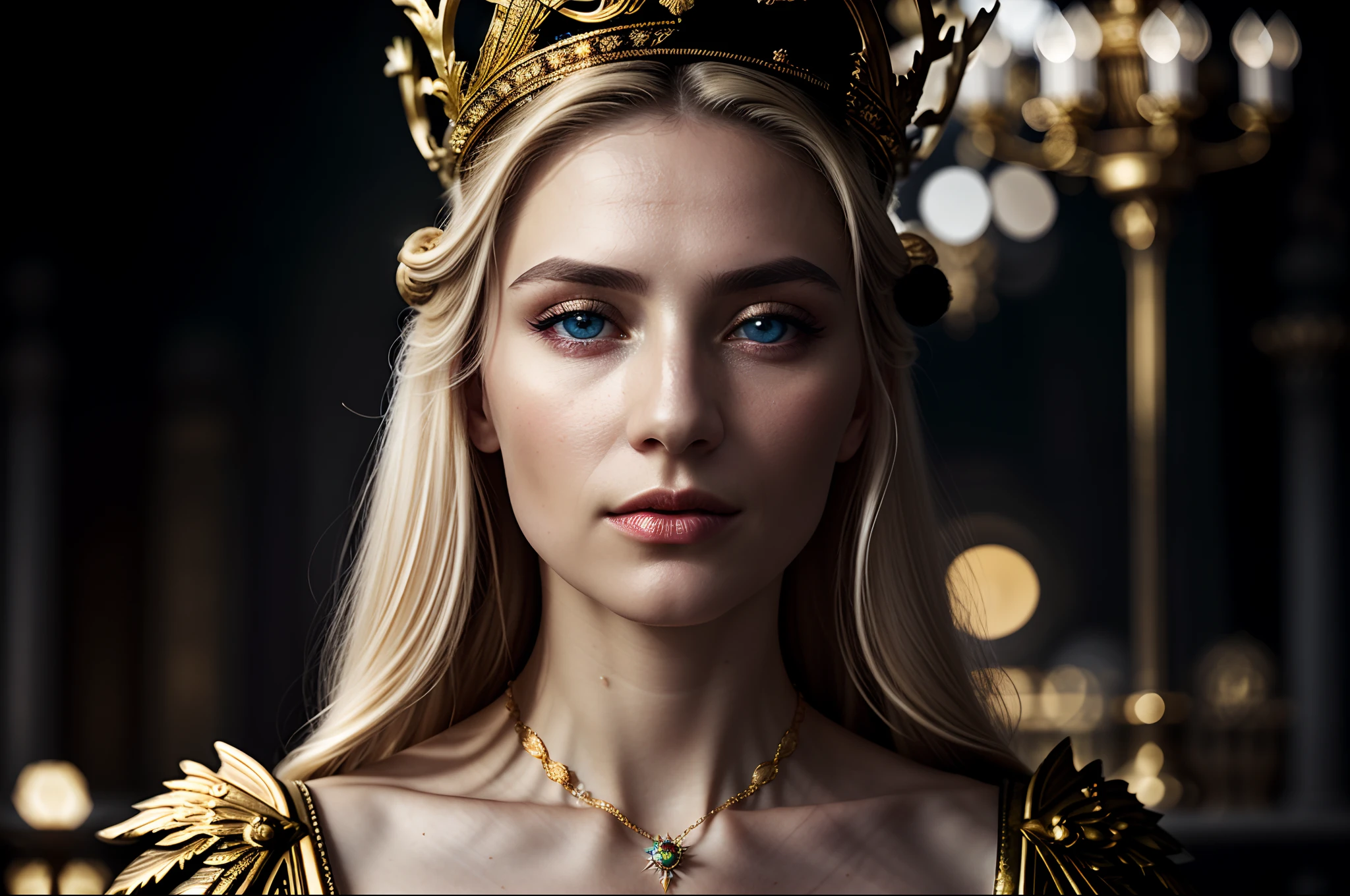 (masterpiece, top quality, best quality, official art, beautiful and aesthetic:1.2), (1girl), extremely detailed, surreal cinematic Russian Princess Daria Lefler with traditional Russian ornamentation with very intricate and hyper-realistic detail, blonde hair, and blue eyes. On her head, she wears a large, circular, golden Russian crown. Lying on a Viking boat full of flowers, blue eyes, hand on chest, dramatic lighting, magical, volumetric lighting, god rays, extreme close-up, midsummer, the elegant dress of Russian Slavic culture, Impressive. Expression of leadership as a powerful Russian queen. A dimly lit environment with soft spotlight focused on the face, Eric Burkhanaev's photographic style, highly detailed image, dramatic photographic studio lighting, mystical Russian environment, cinematic fantasy, close-up, Russian queen with long platinum blonde hair, golden eagle and red lipstick, vibrant high contrast, hyper-realistic, everything has to be highly detailed and hyper-realis DOF, (Hamburgo:1.1), puerto, Cielo, nubes, Soft lighting, ( Piel altamente detallada:0.7),(Film grain:1.3), 8k UHD, DSLR, Soft lighting, alta calidad, IDRI, Fujifilm XT3