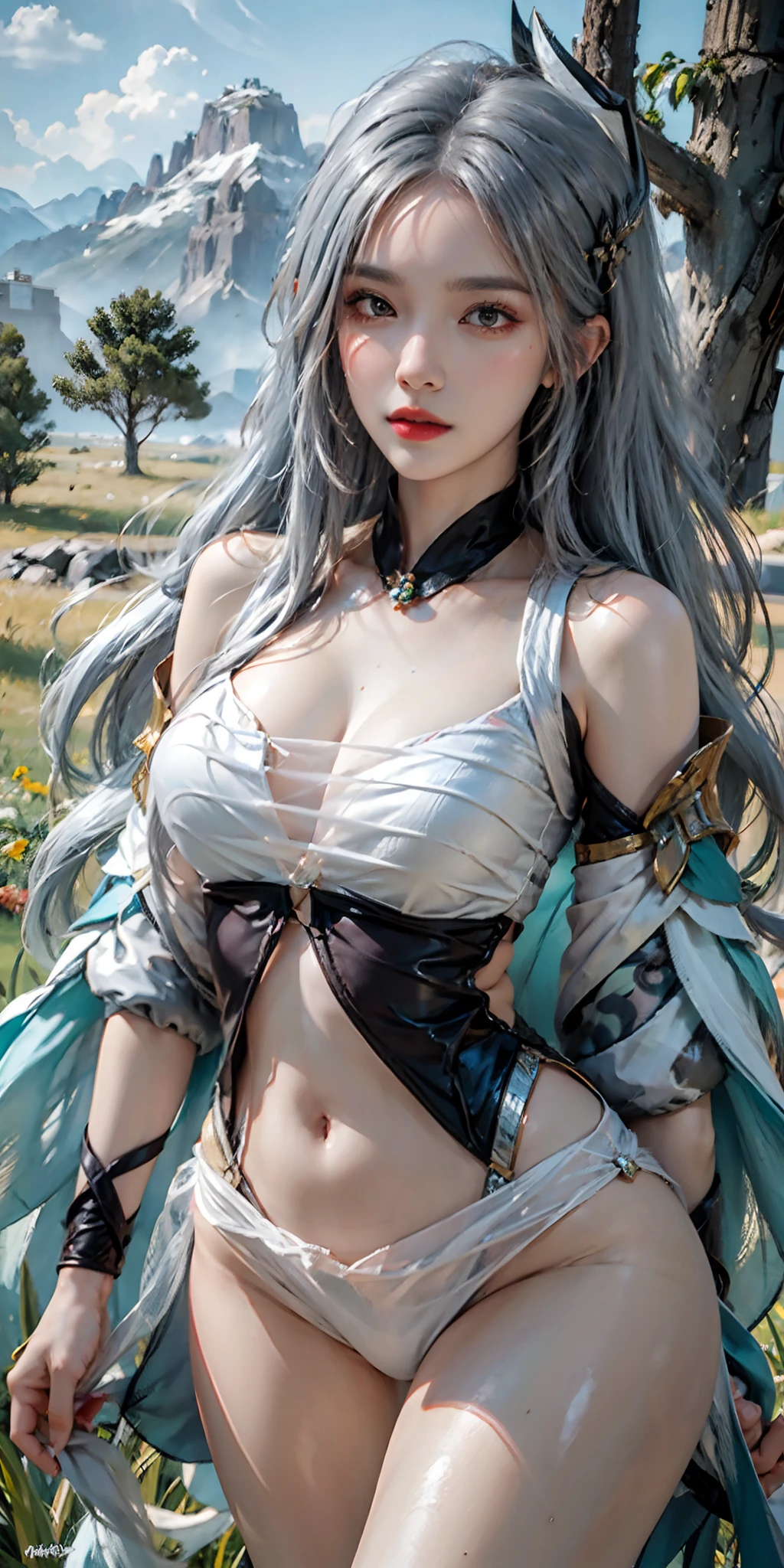 photorealistic, high resolution, soft light,1women, solo, hips up, (detailed face),tattoo, jewelry, shiny hair, long hair,hair_ornament,hair_between_eyes, long_hair, (silver_hair:1.2),bangs, genshin impact, shenhe \(genshin impact\), Shenhe \(genshin impact\), grass field, mountains background, Shenhe, character \(series\)