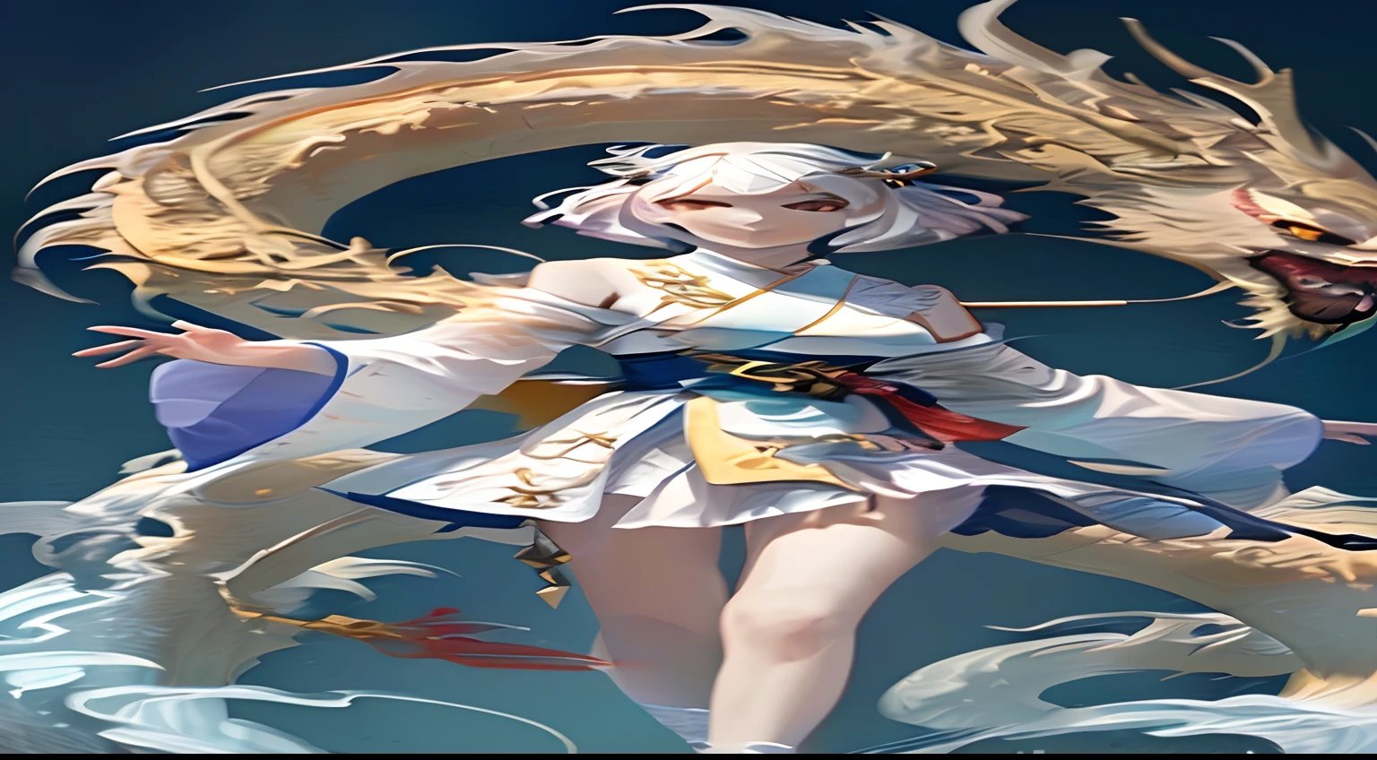 A woman in a white dress,Dragon and sword in hand, drak, dragon-inspired cloth robes, white-haired god, lunar themed attire, Guviz, Keqing from Genshin Impact, trending on cgstation, Anime fantasy illustration, Kushatt Krenz Key Art Women, the dragon girl portrait, flowing magical robe, full-body xianxia