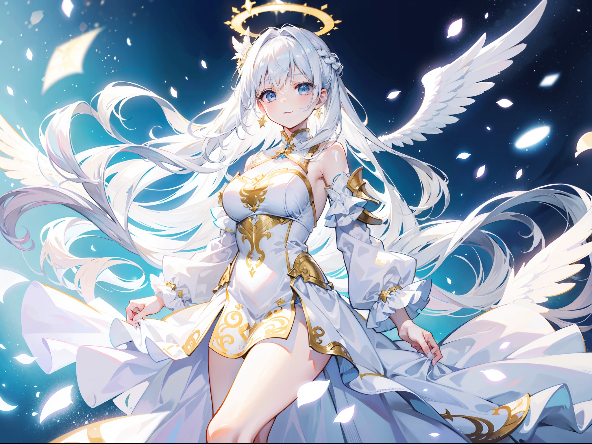 Beautiful girl with white hair,angelicales,Wearing a plain white dress,There is a halo on the top of the head,french braid,long whitr hair,Stand in a golden wonderland,There is only one wing behind him,With a smile,Tall and tall