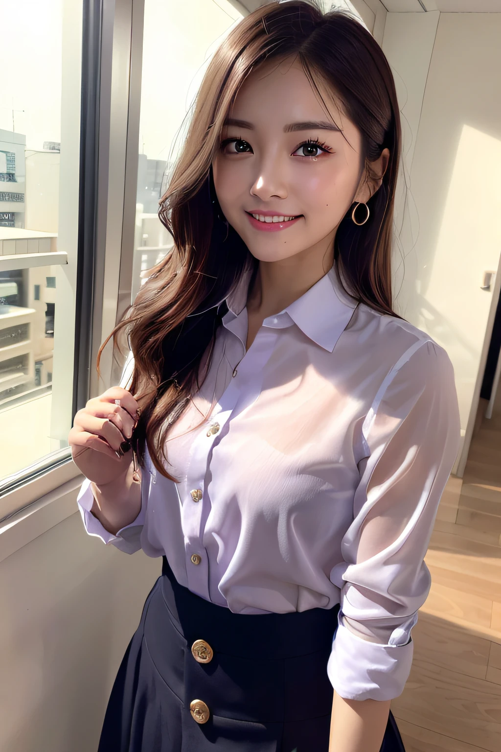 One-person viewpoint, (masutepiece:1.3), High resolution, ultra-detailliert, the Extremely Detailed CG Unity 8K Wallpapers, Realistic, Photorealsitic, Raw photo, beautifull detailed face, pale skin, realistic glistening skin, Detailed Cloth Texture, detailed hair texture, Perfect body, Beautiful face, acurate, Anatomically correct, Highly detailed face and skin texture, Natural neck length, (Beautiful hands), (Fair skin:1.2), thin legs, Thin feet, 
BREAK, 
Detailed eyes, symmetrical eye, Light brown eyes, Double eyelids, Thin eyebrows, (Glossy lips:1.4), ((gently smiling:1.2)), (blush:1.1),
BREAK, 
(Classy and cute girl:1.3), (Wear elegant clothes (Light purple) Button shirt:1.2), ((navy) Long skirt with irregular hem:1.2), Close the button, (Long skirt), 
medium breasts, (Slender figure:1.1), Firm abs, Beautiful collarbone, 
(Dark blonde hair, Wavy Hair, Long hair:1.2), ((asymmetrical bangs:1.2)), 
BREAK, 
(leaning on a desk:1.2), (Modern laptop PC and phone on desk:1.2)
((In a modern office in Japan)), (Cowboy Shot:1.2), Looking at Viewer, View from a little below,
