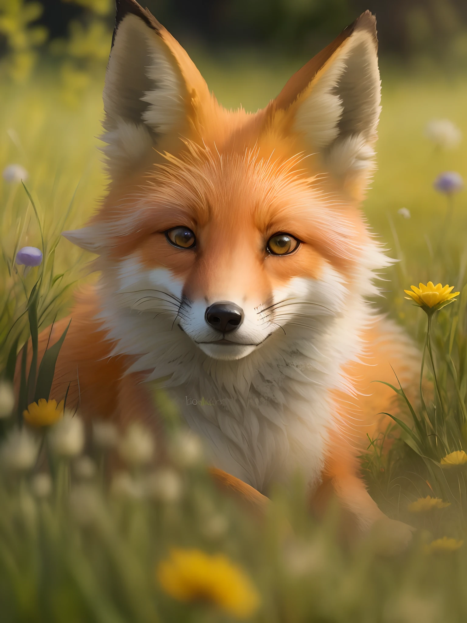 Beautiful fox, eyes open, smiling, grass, flowers, and good lighting