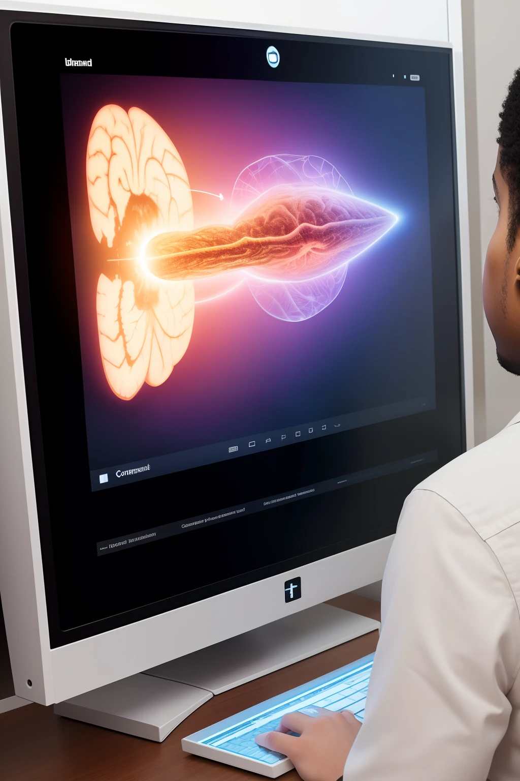 A person seeing the computer and the computer image being processed in the brain