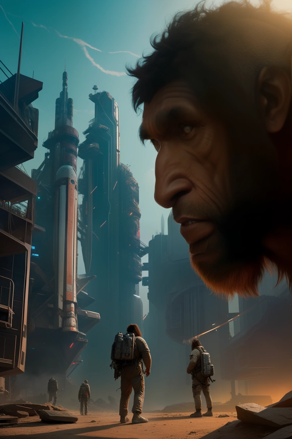 a neanderthal man looking at an astronaut ,  long shot, low angle, art by Moebius, greg rutkowsky,   vicente segrelles, with a cyberpunk style, volumetric , and a dynamic feel. photorealistic,  ultra-realistic, incredibly detailed,  4K resolution, HDR, movie scene,