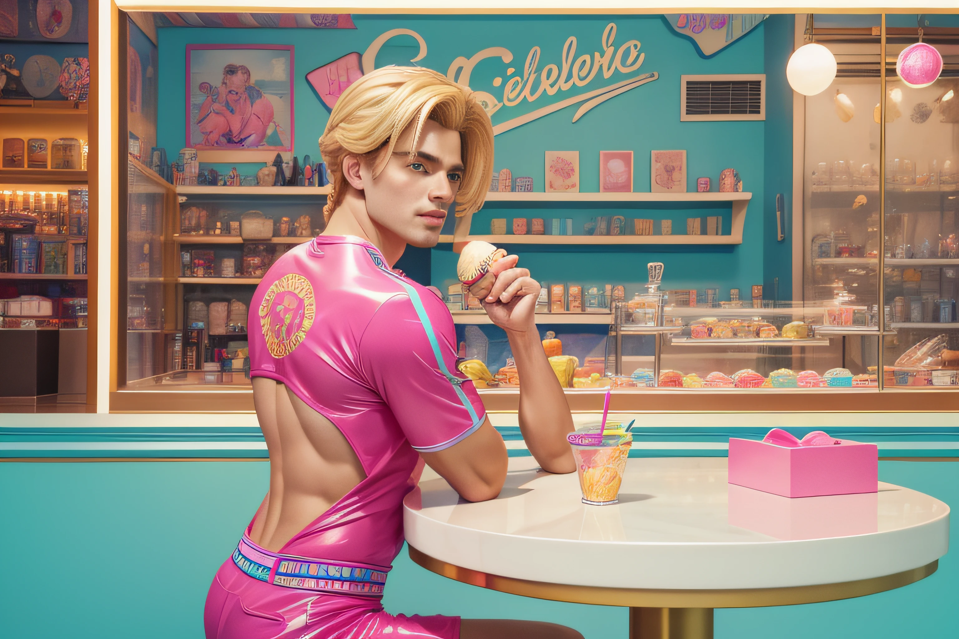 Create a hyper-realistic, high-resolution AI-generated image featuring a youthful, athletic male character reminiscent of the 1960s Ken doll from Barbie. He sports a distinctive 50s-inspired yellow blonde "wet back" hairdo, exuding a vibrant and energetic aura. He confidently wears a flamboyant pink and turquoise latex outfit, showcasing his unique style. 

Situated in a whimsical ice cream shop adorned with joyful American pop art decor, the man occupies the exact center of the composition. Positioned front and center, he sits gracefully behind a generously-sized sorbet ice cream atop a contemporary table. 

The meticulously detailed male protagonist boasts lifelike realism akin to a photograph, meticulously capturing every intricate nuance. The meticulously crafted scene is symmetrically arranged, reminiscent of wide-angle lens photography, offering a panoramic view of the setting. 

The overall ambiance is playful and candy-coated, radiating a delightful bubblegum aesthetic. The background generously frames the main character, allowing his vibrancy to shine against the joyful backdrop. The image embodies an AI's interpretation of a photorealistic masterpiece, rendering the scene in high-resolution to accentuate every detail.