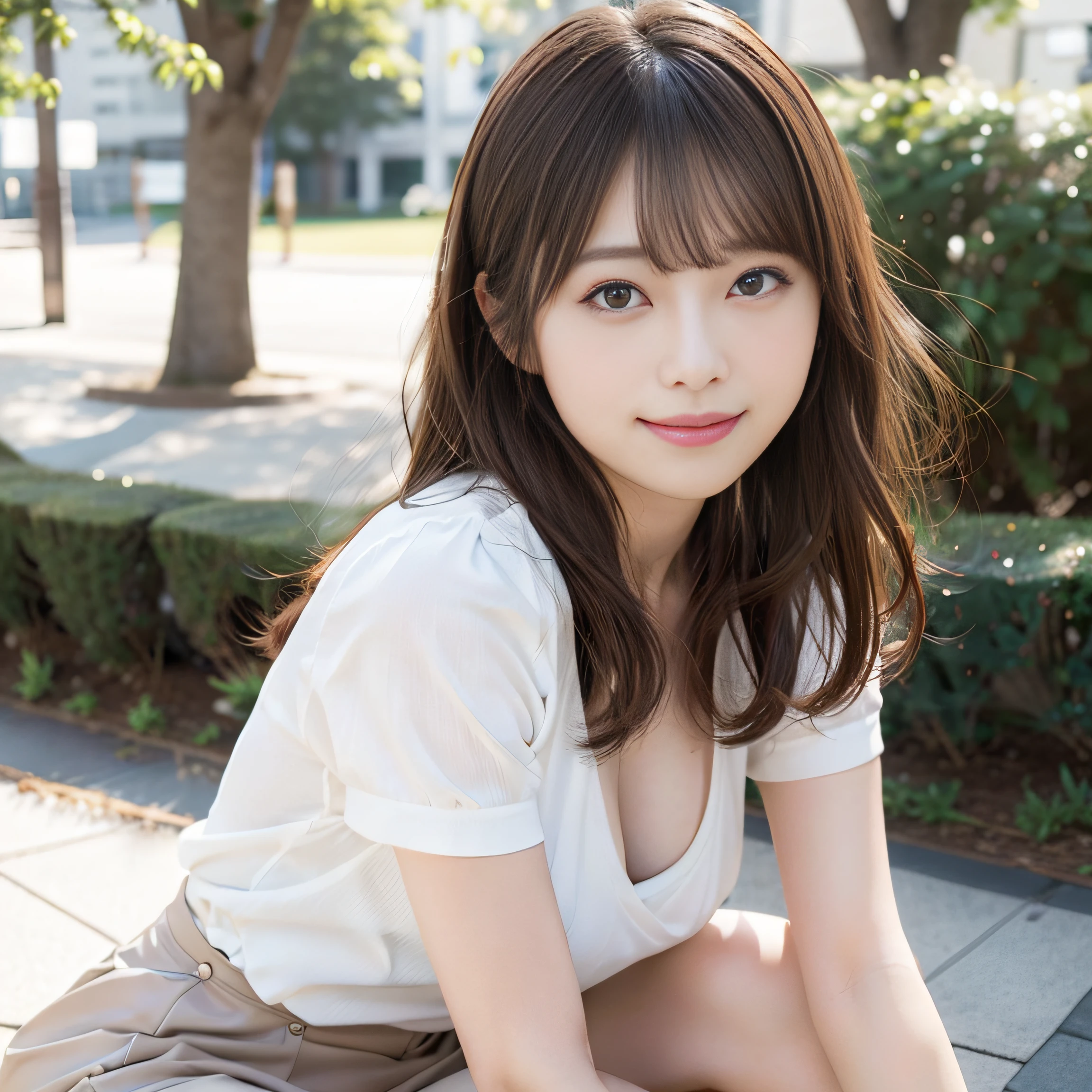 in 8K,Best Quality:1.4, 超A high resolution:1.5, (Photorealistic:1.4),masterpiece:1.2,(top-quality:1.4)、 Raw photo、 (From the knee up:1.8, From Side:0.7), (the background is blurred), a park,FULL BODYSHOT:1.4、 1日本人の女の子, Cute, (Solo), (Shy smile), Smooth skin、TThe shirt、a miniskirt、 (Brown medium hair,Bangs), (touch hair:1.4)、nogizaka、cute little、Supple fingertips,Beautiful black eyes、natural skin textures:1.3, realistic eyes and face details:1.7、middlebreasts、Gravure Pose:1.1、Toned buttocks:1.2、gazing at viewer,thighs thighs thighs thighs、((dynamicposes))、(camel's toe)、(half)、(panthyhose)、(Sitting on legs bending the knees)