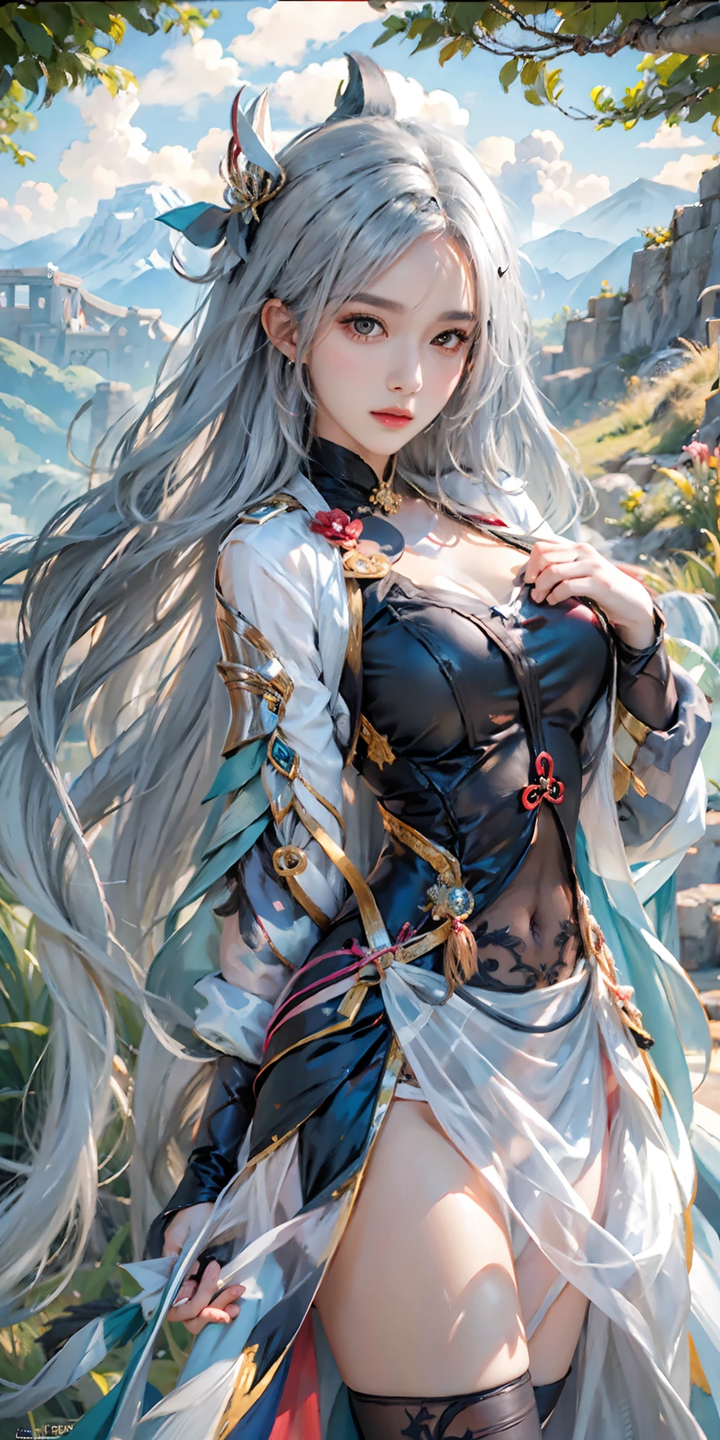 pphotorealistic, high resolution, 1 woman, blue long hair, beautiful eyes, normal breast, ganyu clothes,gloves, horns, neck bell, pantyhose, purple eyes, sidelocks, tassel, white sleeves,(ganyu \(genshin impact\))