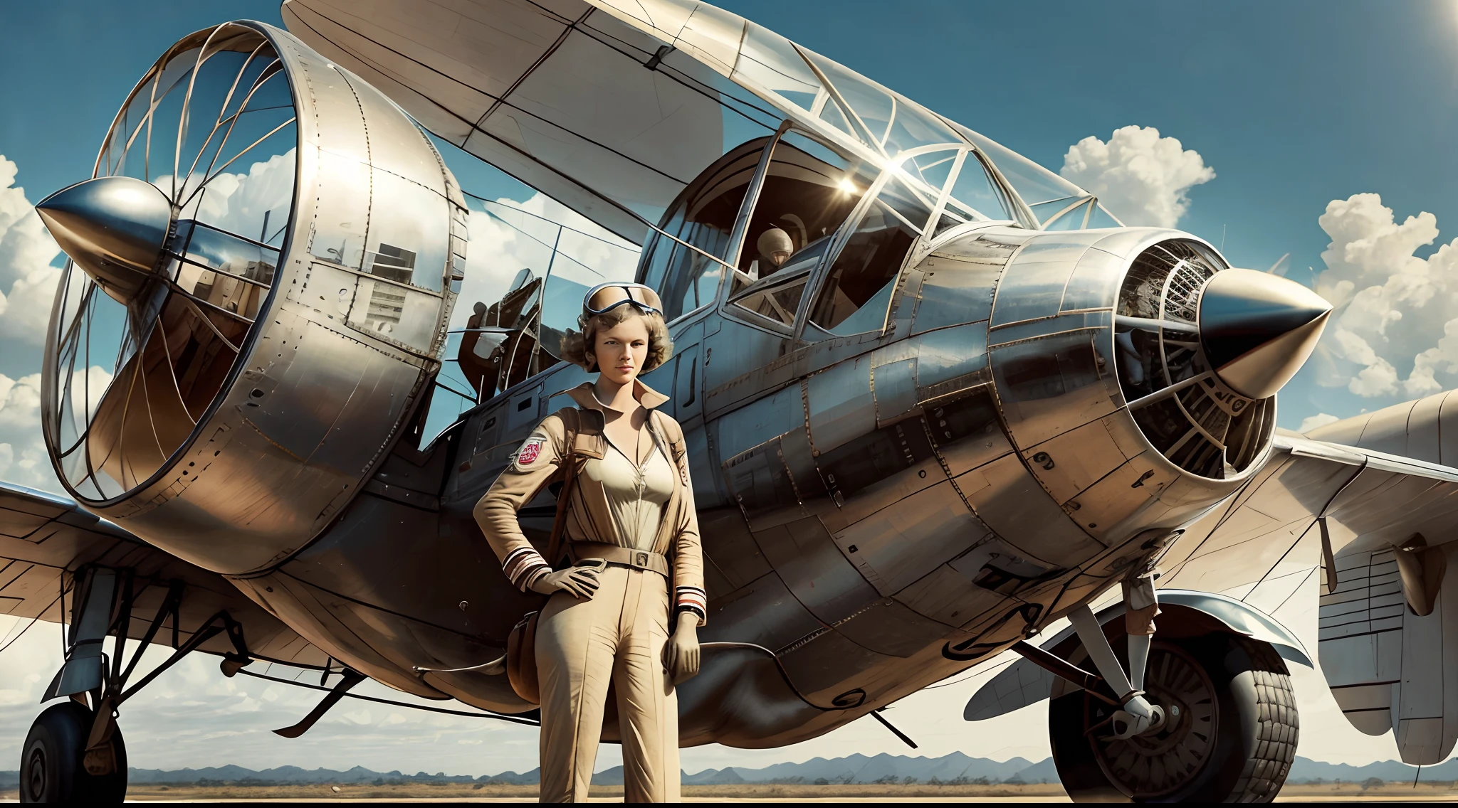 A vintage photo of Amelia Earhart standing confidently next to her plane. The aircraft gleams in the sunlight, and Earhart wears her iconic aviator outfit, exuding determination.