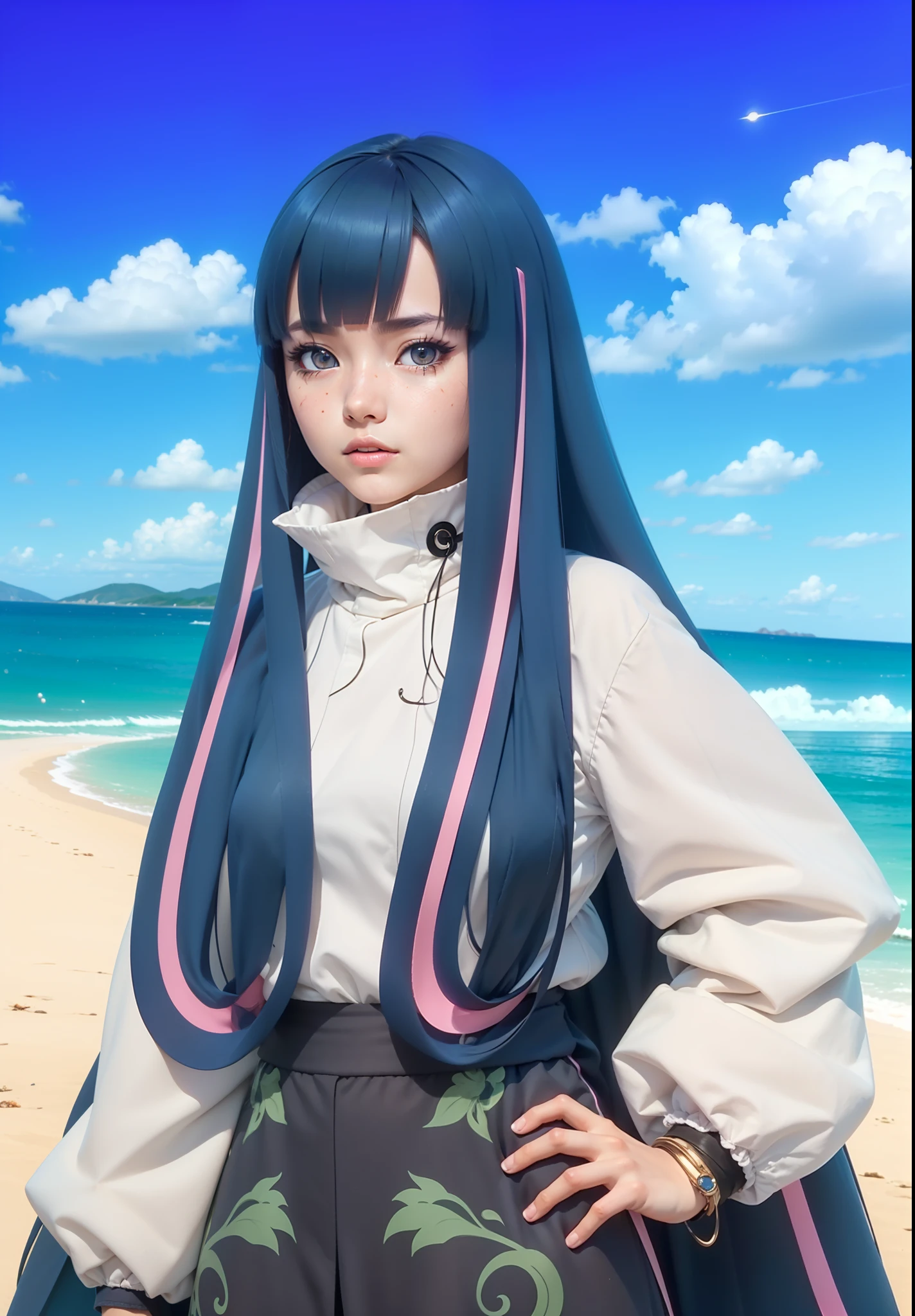 A real Life adaption of this character,her name is Eida from anime boruto ,hyper realistic ,very detailed hair, high resolution, photorealistic, Japanese girl ,very detailed,The pupils of the eyes are sparkling blue in the shape of a crescent moon
