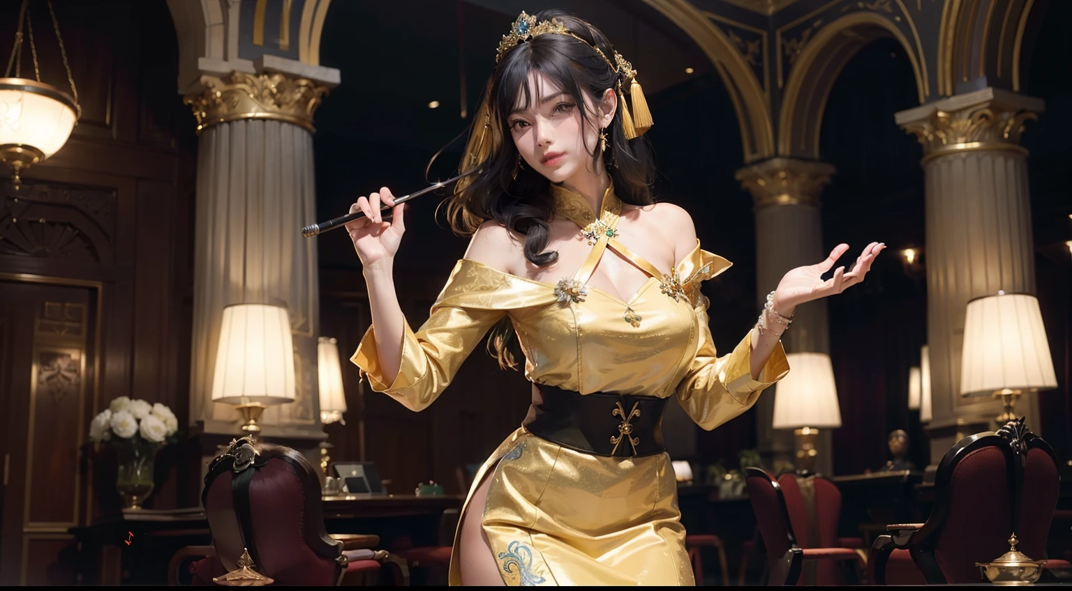 (realisitic,Photorealsitic:1.4),(1 beauty:1.3),(beautiful countenance:1.5),Detailed shiny skin,A detailed eye,Precise hands and fingers,8K HDR, , masterpiece, (Dynamic Angle Video),电影灯光, Finely drawn backgrounds,Beautiful black people,Traditional costumes,Green hair,Middle hair,Egypt,Hotel,Dancing,Sensual look,