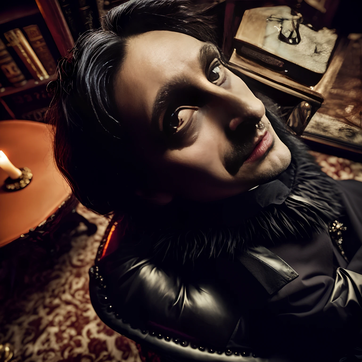 there is a man with a fake eye and a fake fur collar, delaroche, edgar allan poe as the raven, epic portrait of menacing, inspired by Salvador Dalí, inspired by Dalí, character photography, edgar allan poe, severus snape, portrait of professor sinister, creepy gothic portrait, count dracula, inspired by Hedi Xandt