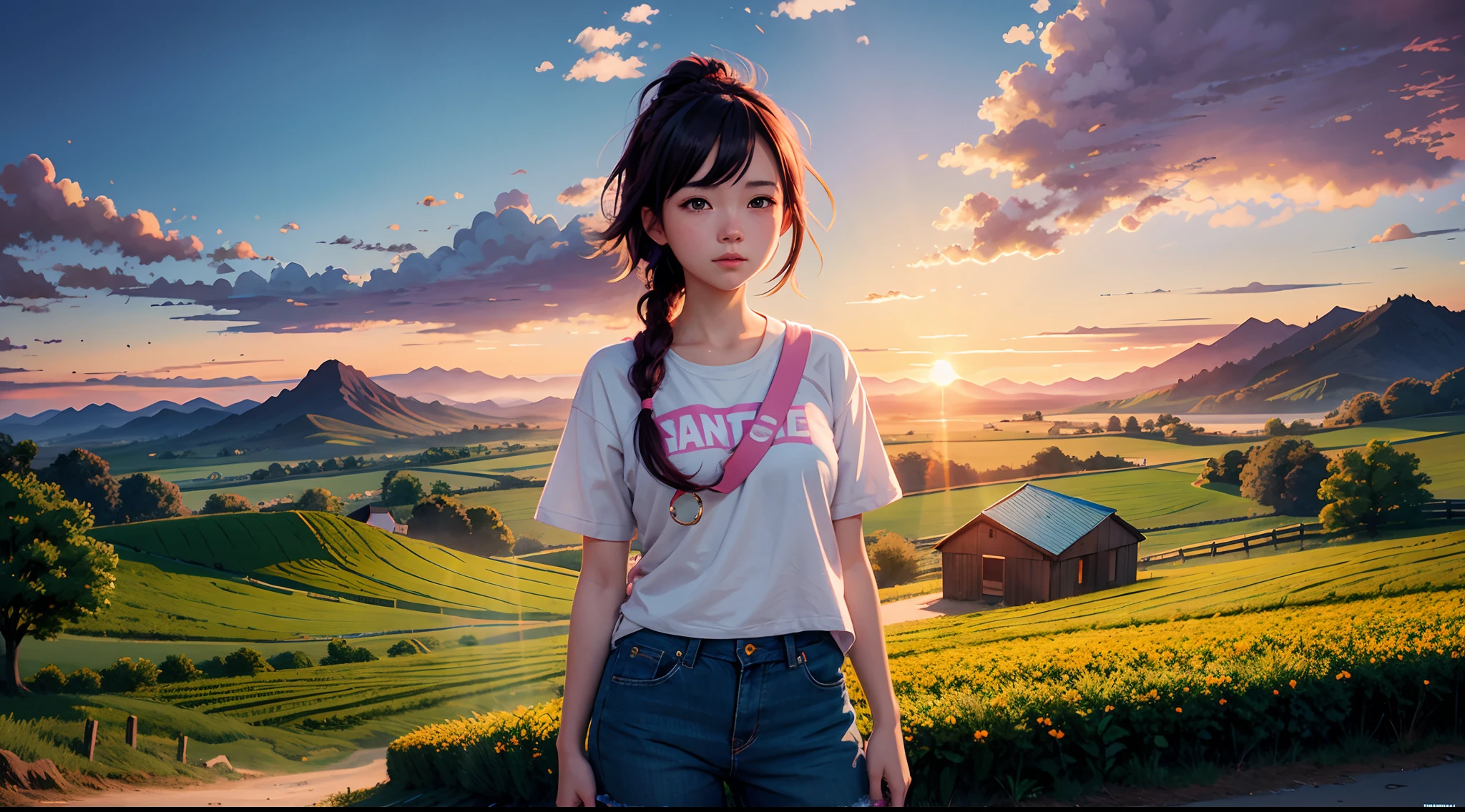 (masterpiece, best quality), 1girl, no panties, bottomless, open shirt, nipple, sitting on abandoned train station, in a flower field,, warm, summer, power lines, sunset, vibrant colors, best lighting, best shadows, watercolor