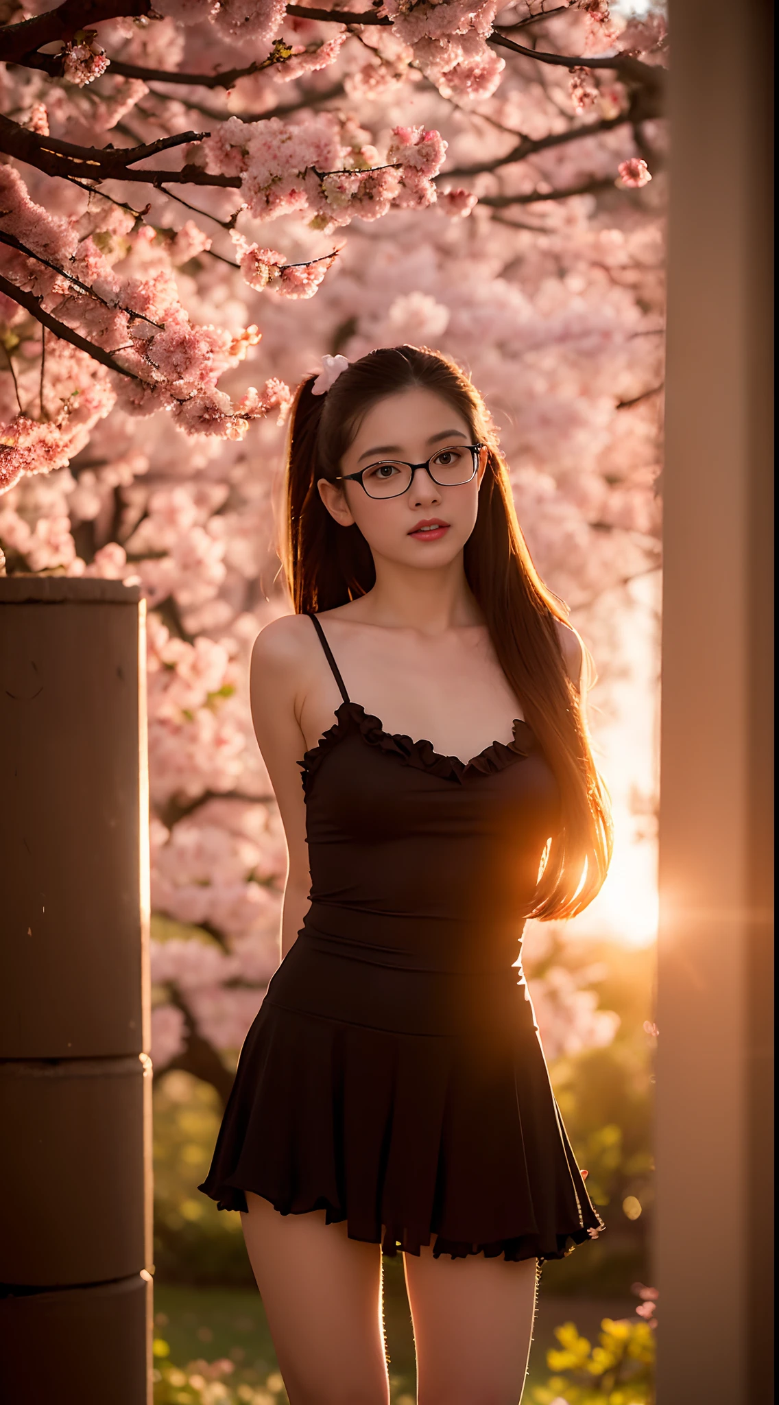 Beautiful young Margaret Qualley, glasses, frilly dress, dark tights, hyperrealistic, 14, model body, small breasts, beautiful breasts, long hair, ponytail, long legs, 8k, Oriental House, cherry blossom, sunrise from the sun, dynamic lighting, found on the wall, sexual pose, penis in place of vagina